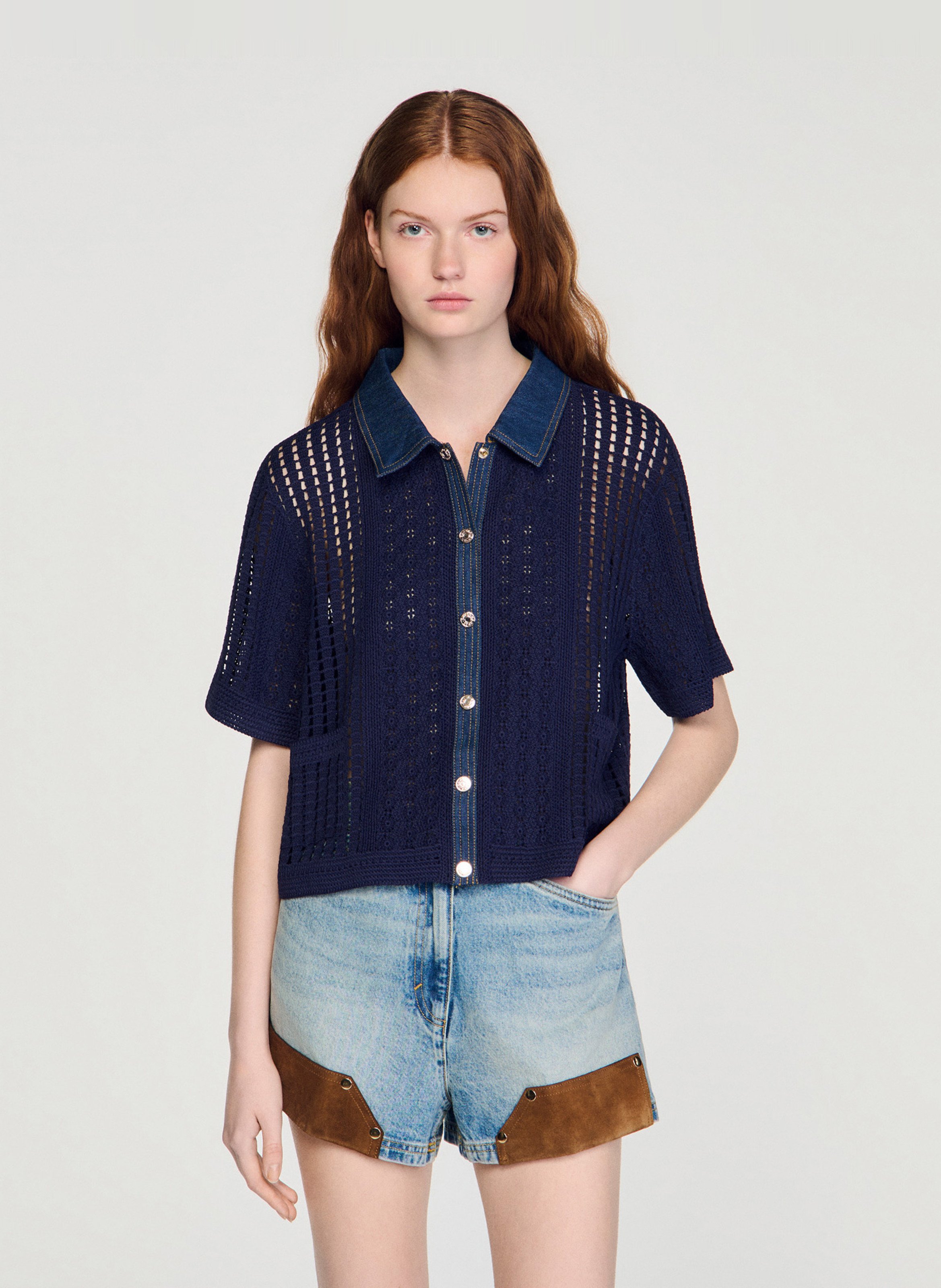 Cardigan droit en maille ajourée SANDRO Bleu