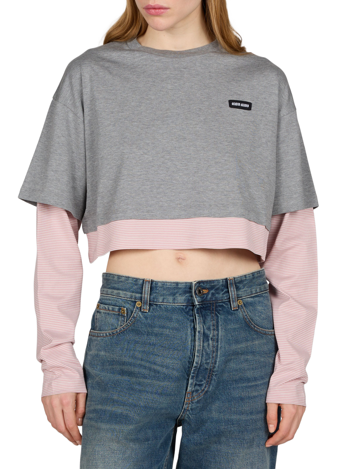 Kort gestreept T-shirt met lange mouwen MIU MIU Grijs