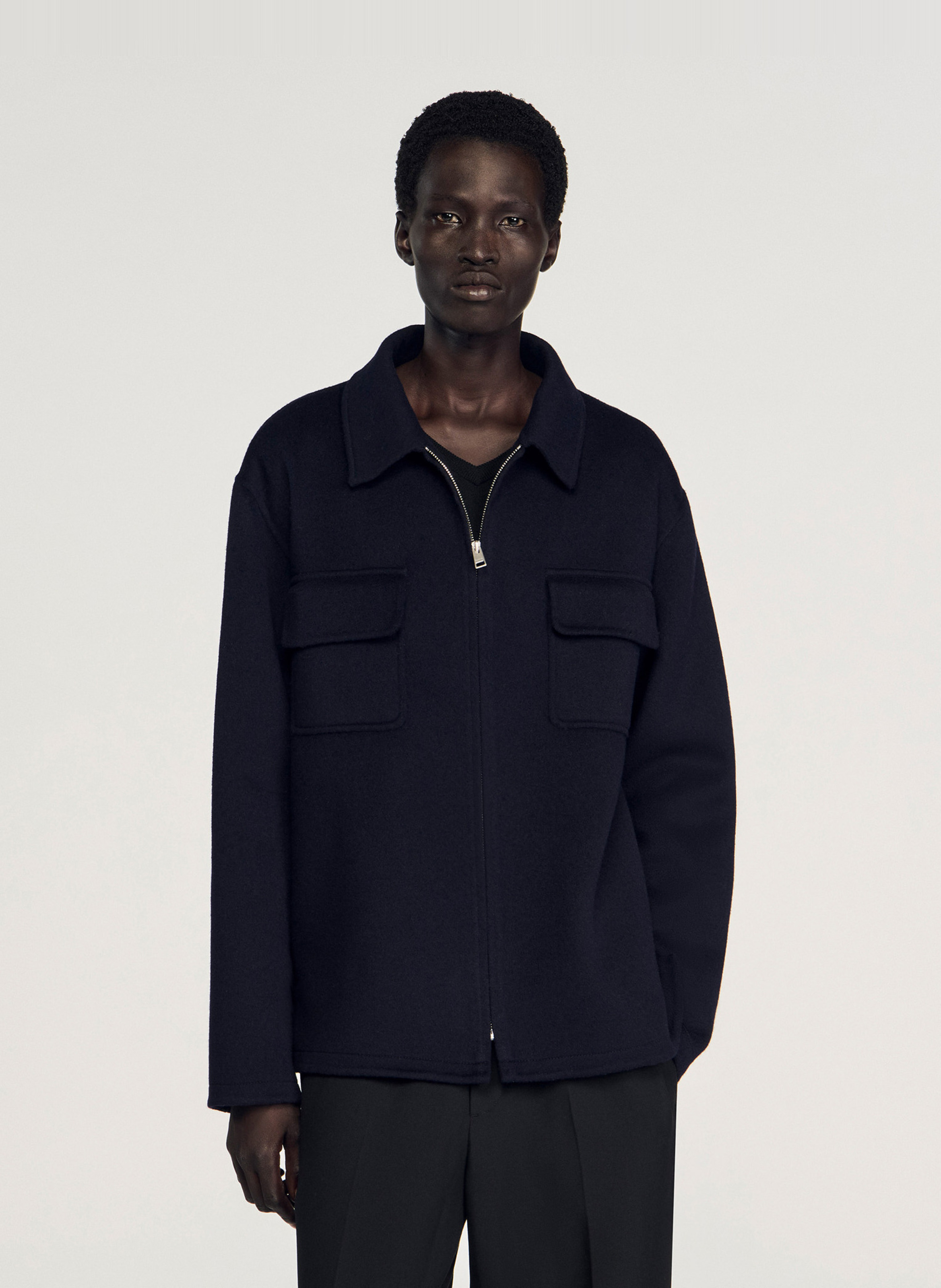 Surchemise dcol classique droite en laine mélangée SANDRO Bleu