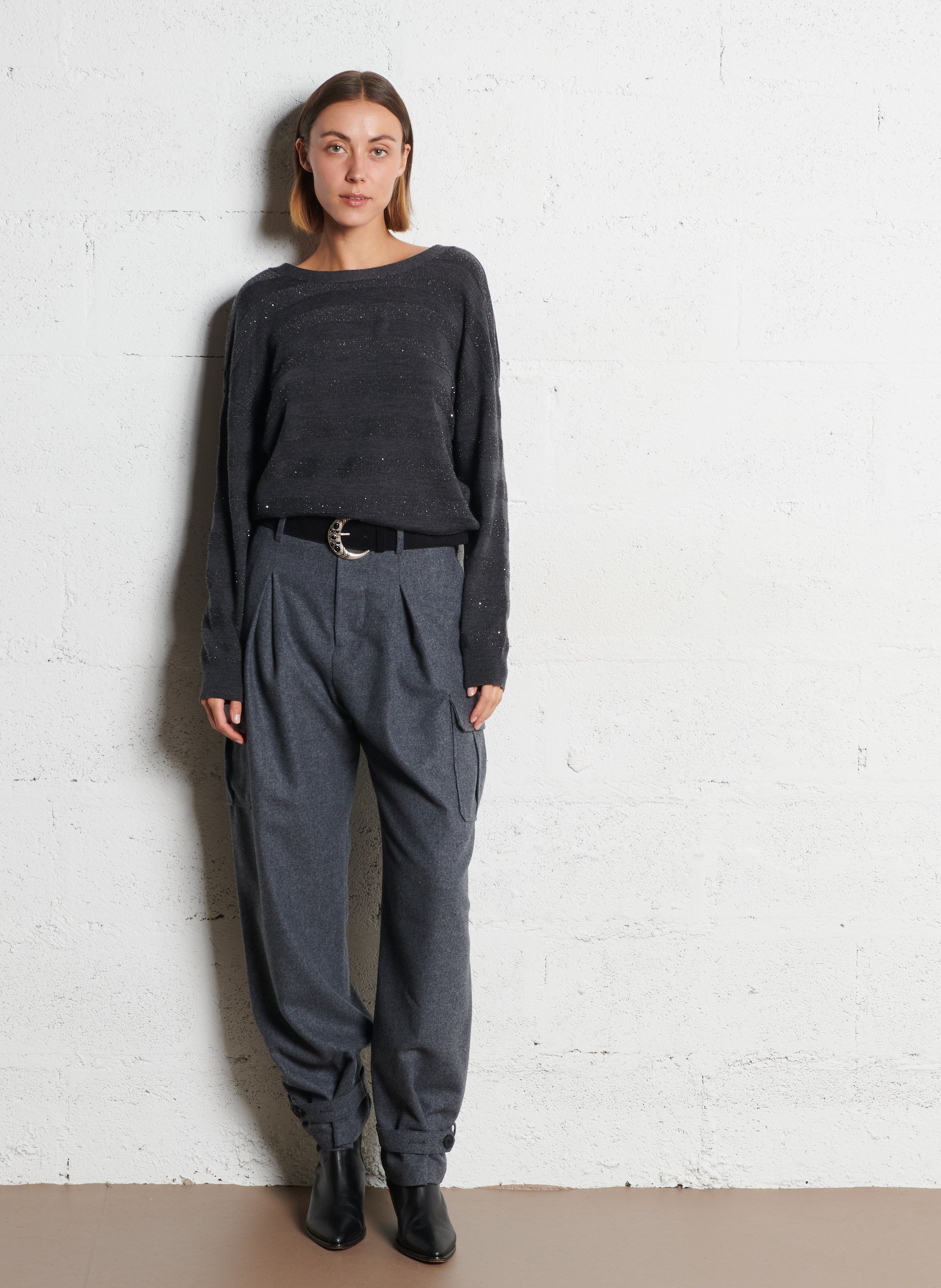 Cardigan devant dos boutonné rayé à sequins IKKS Gris