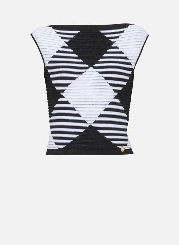 Top court en maille roulottée vichy Noir by BALMAIN BALMAIN Top court en maille roulottée vichy Noir