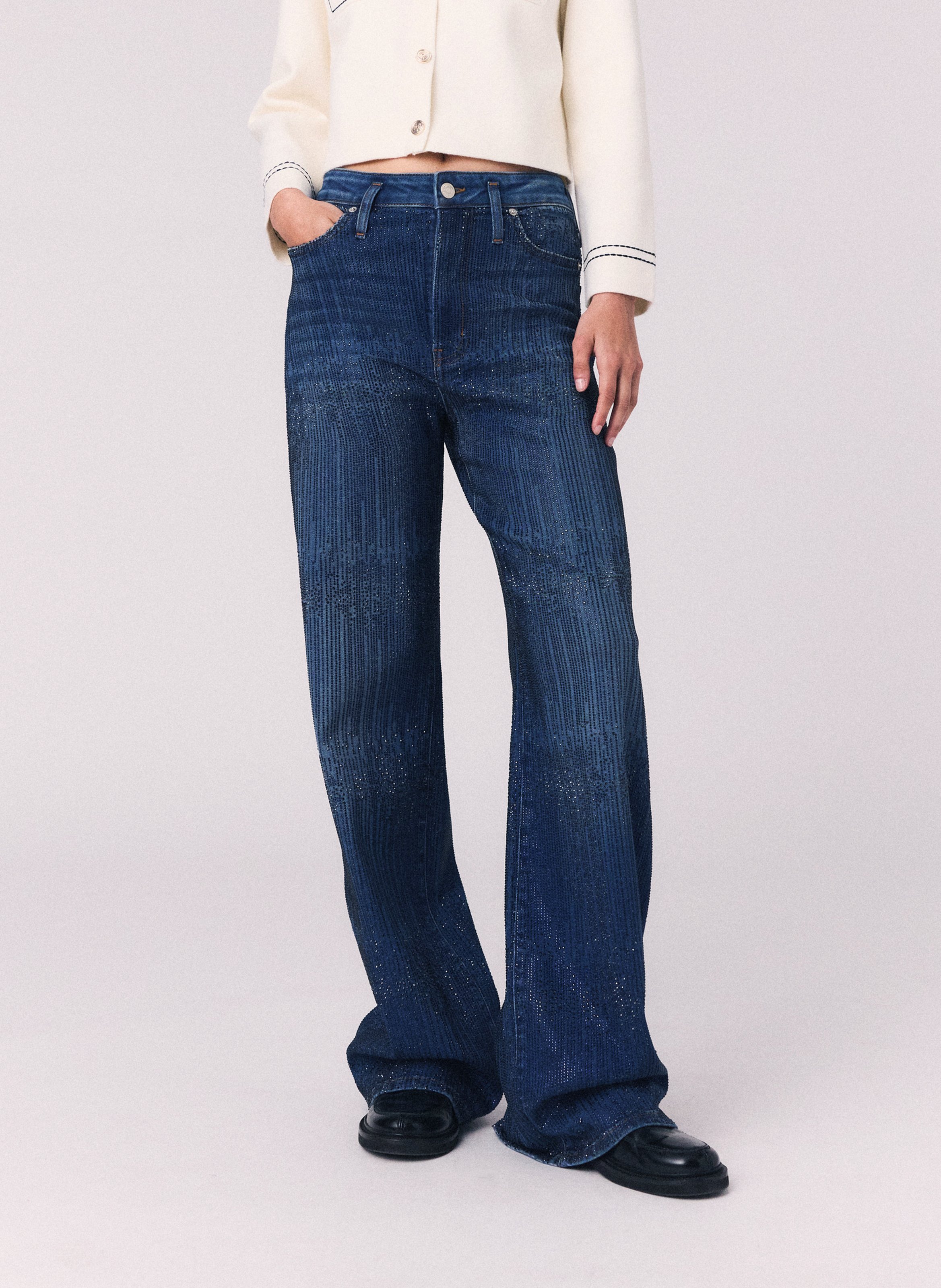MAJE Jean large strassé en coton mélangé Bleu