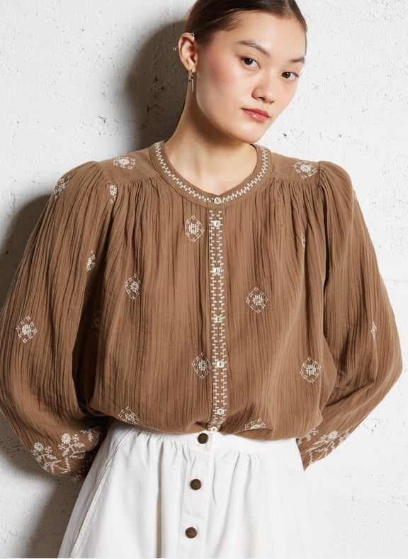 Blouse droite brodée en coton duha Kaki by BA&SH BA&SH Blouse droite brodée en coton duha Kaki