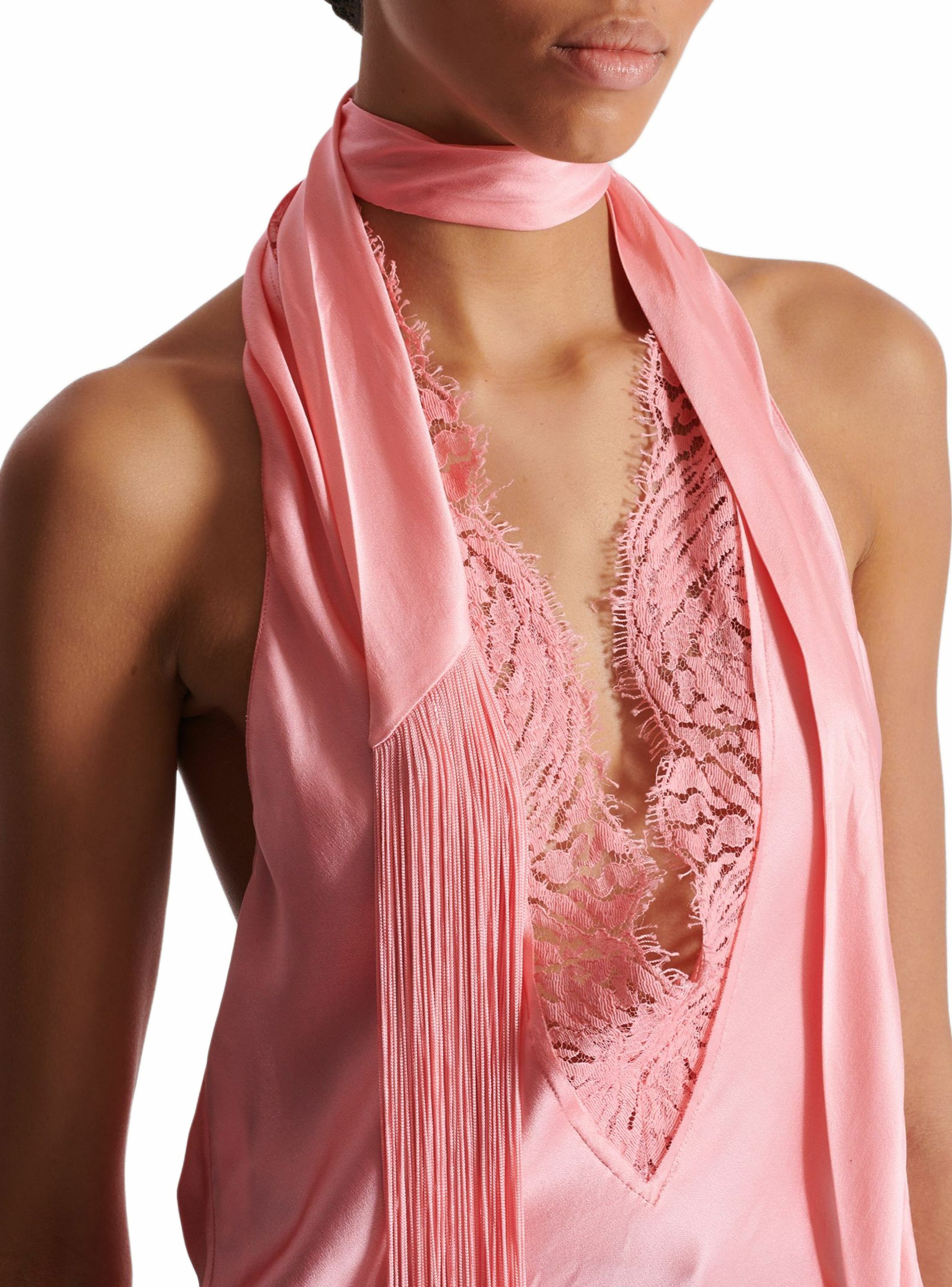 Top dos-nu en satin à franges BALMAIN Rose