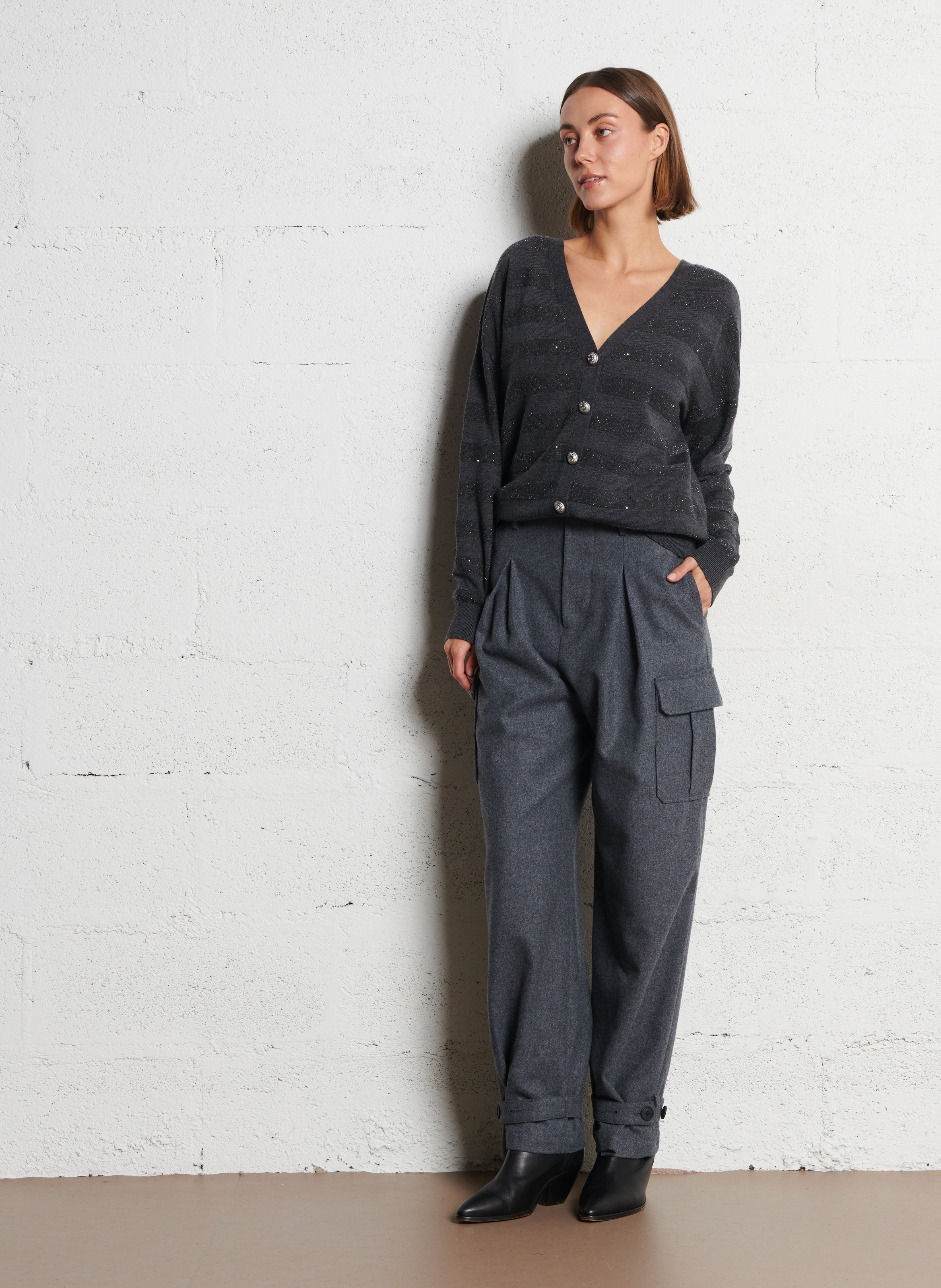 Cardigan devant dos boutonné rayé à sequins IKKS Gris