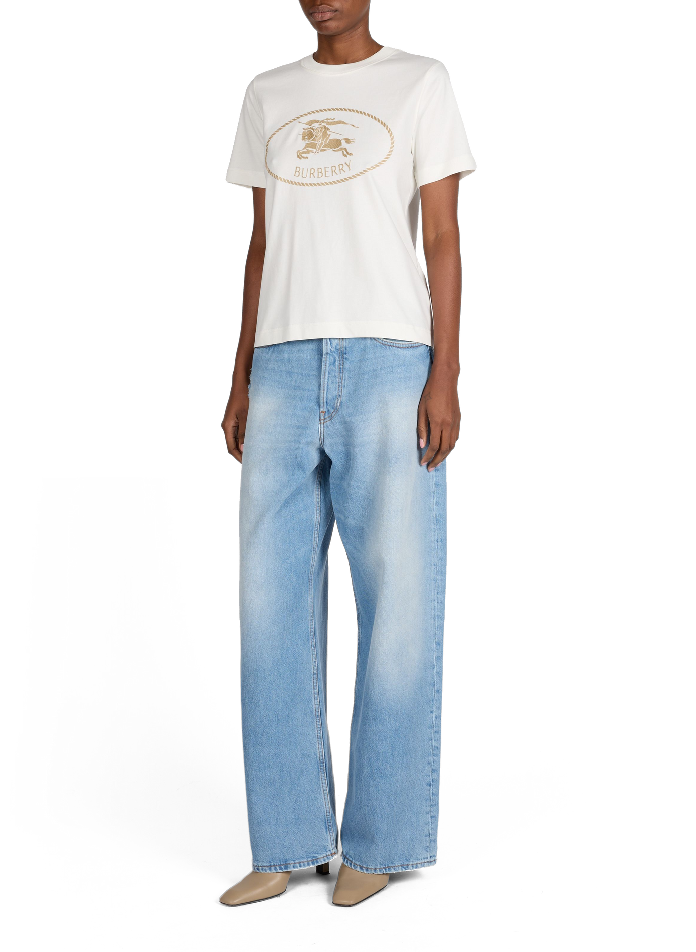 T-shirt broderie logo à col rond en coton BURBERRY Beige