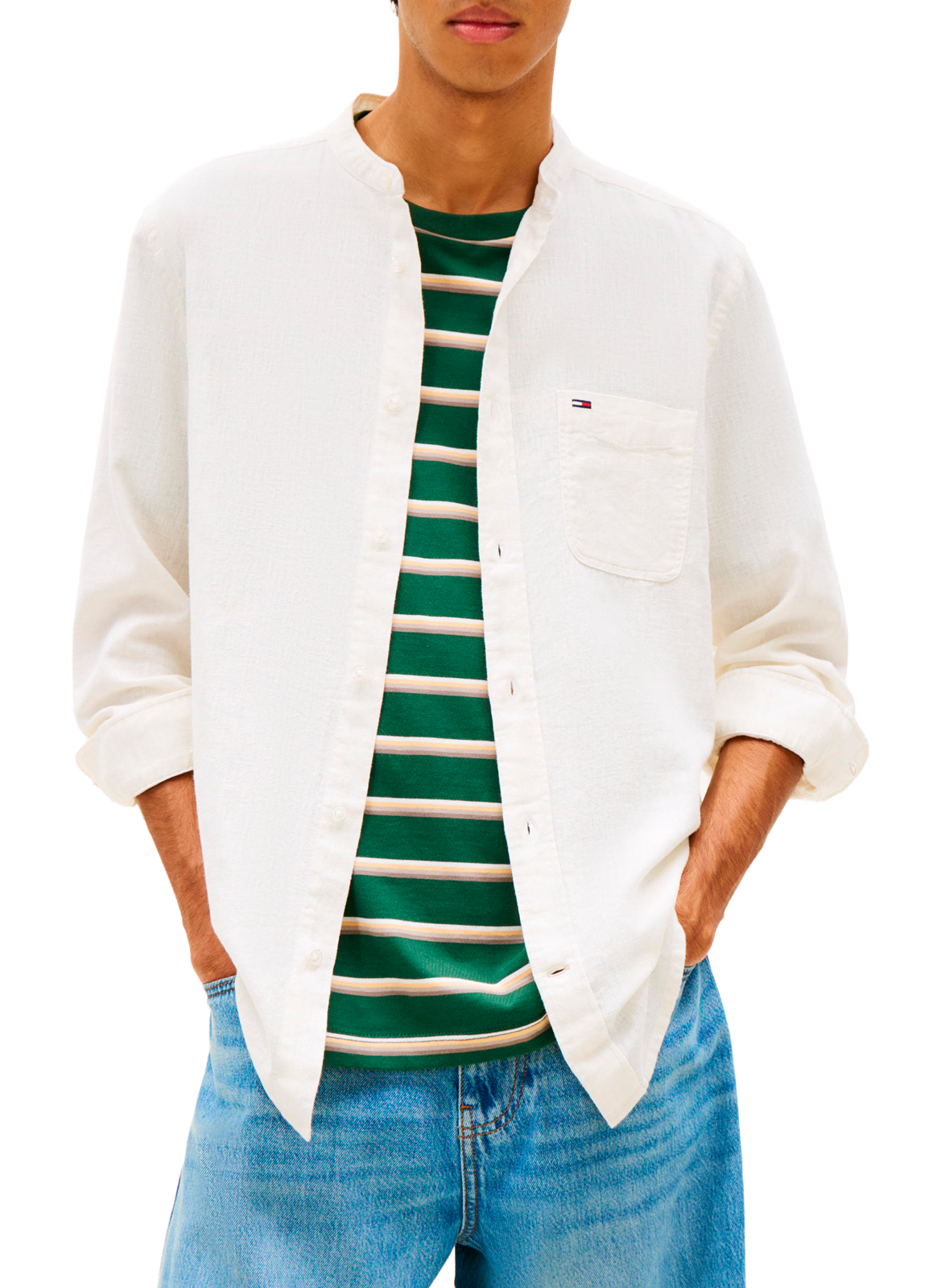 Shirt with a mandarin collar in linen and cotton TOMMY HILFIGER White