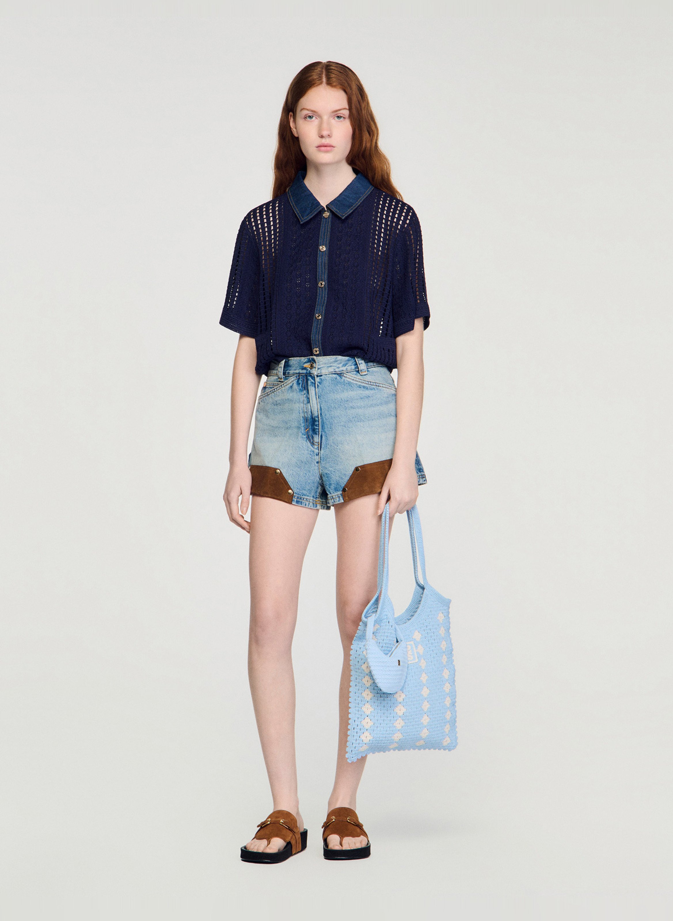 Cardigan droit en maille ajourée SANDRO Bleu