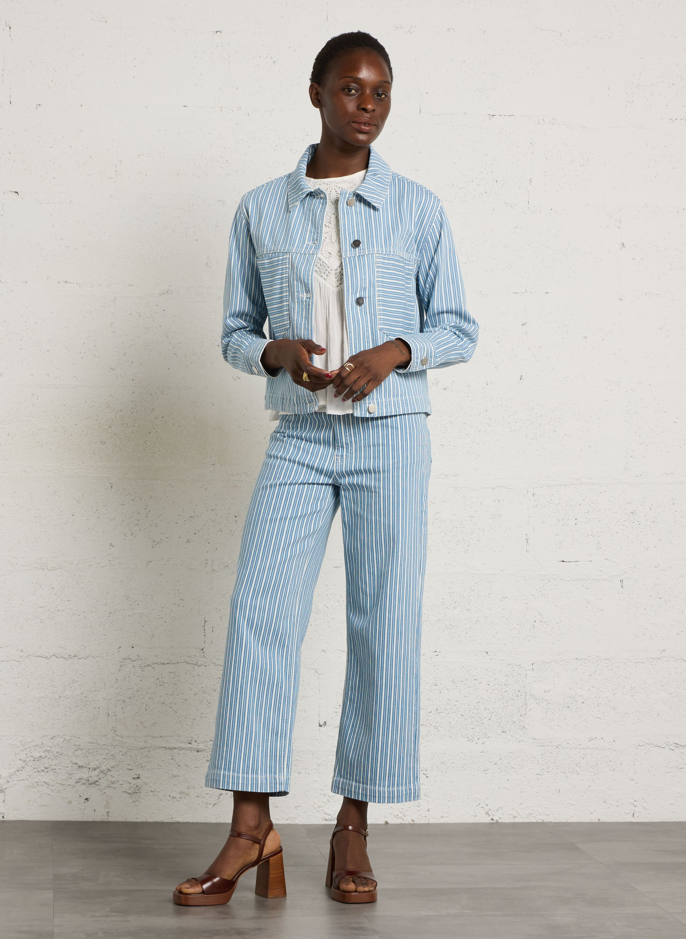 Blouson droit col classique en coton mélangé rayé carla MAISON 123 Bleu