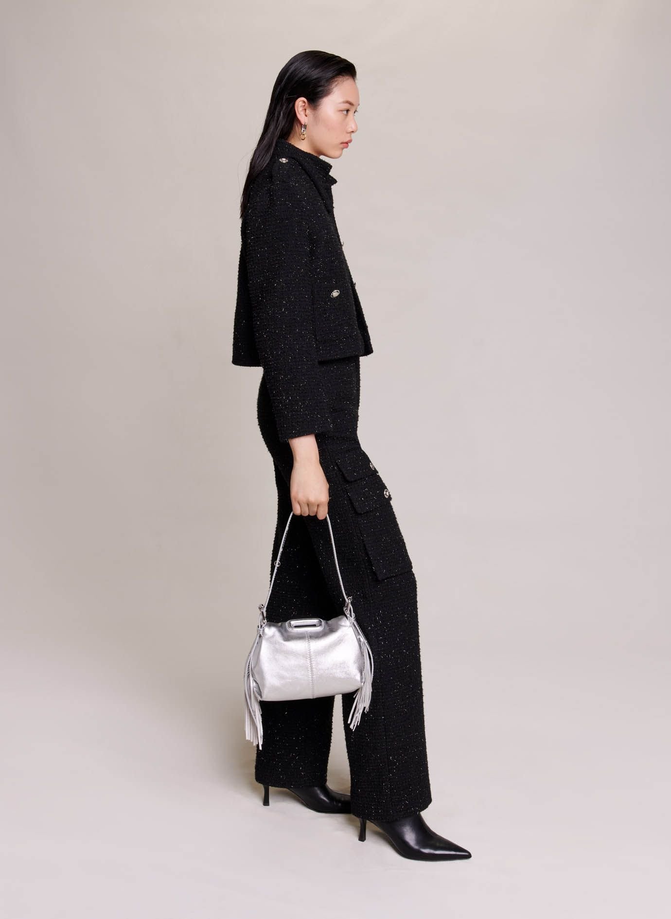 Sac bandoulière en cuir lisse miss m mini MAJE Argent