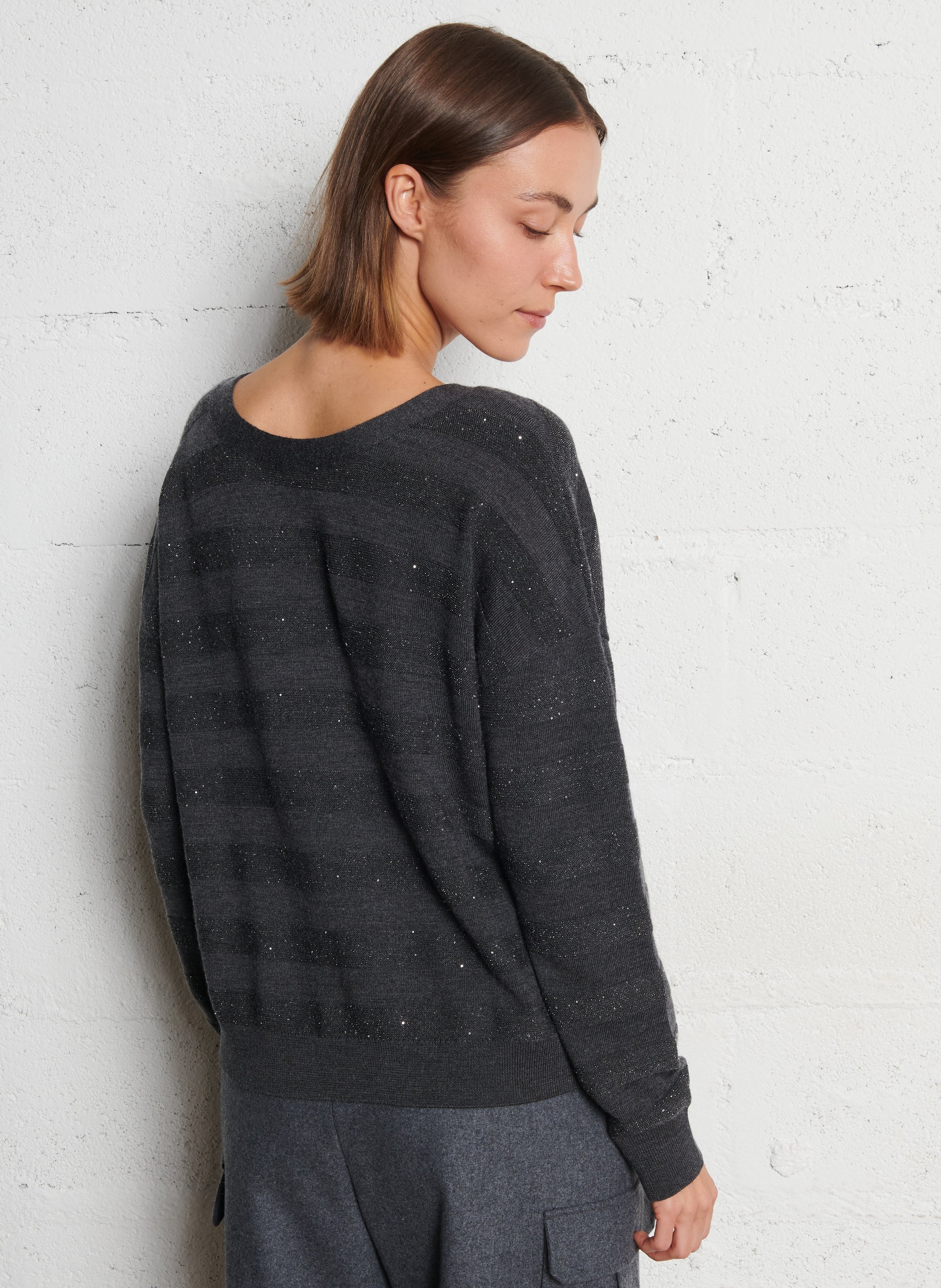 Cardigan devant dos boutonné rayé à sequins IKKS Gris