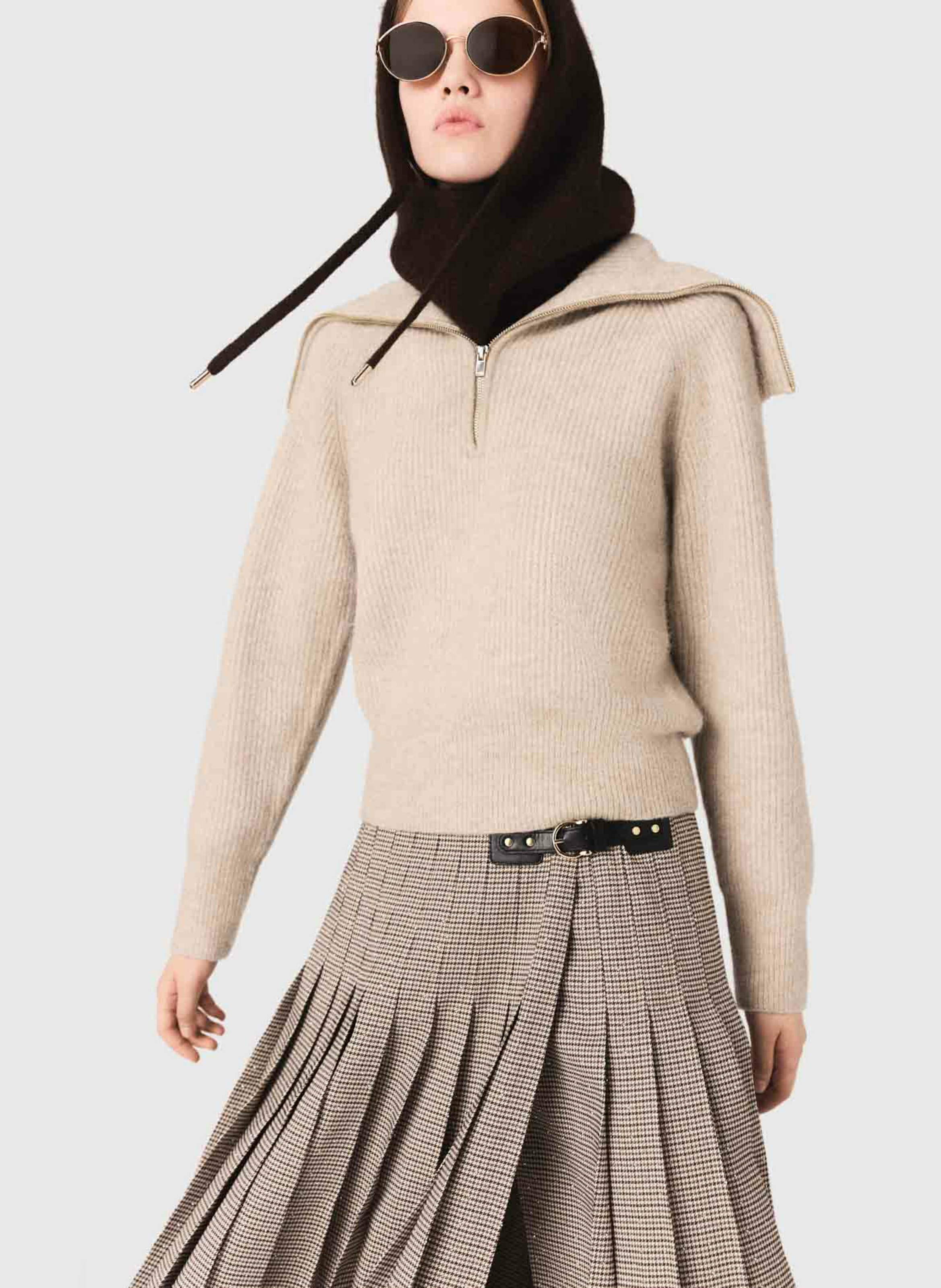 Pull droit col rabattu en maille MAJE Beige