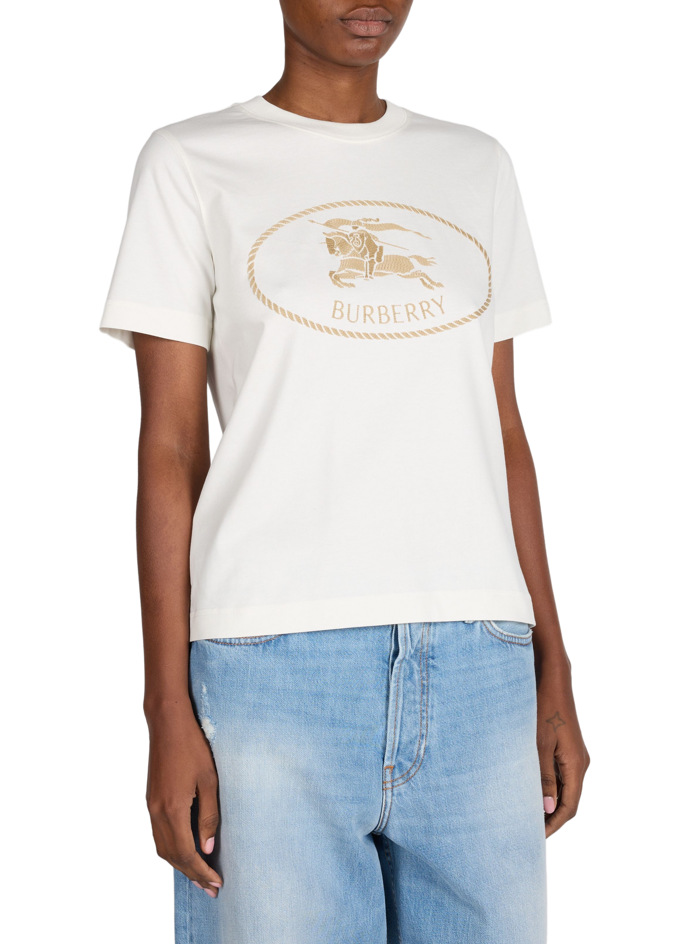 T-shirt broderie logo à col rond en coton BURBERRY Beige