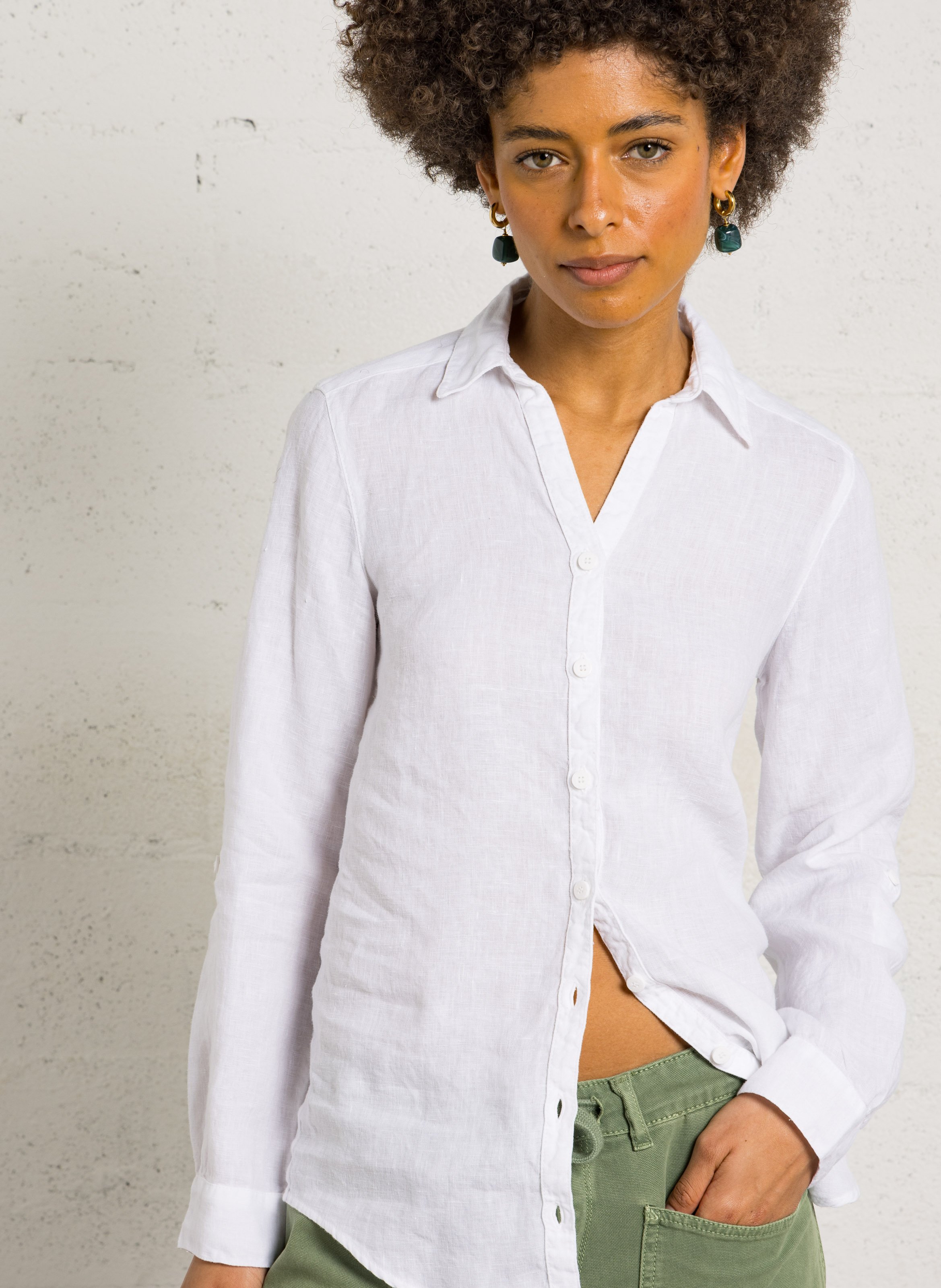 Chemise droite col v en lin ARMOR-LUX Blanc