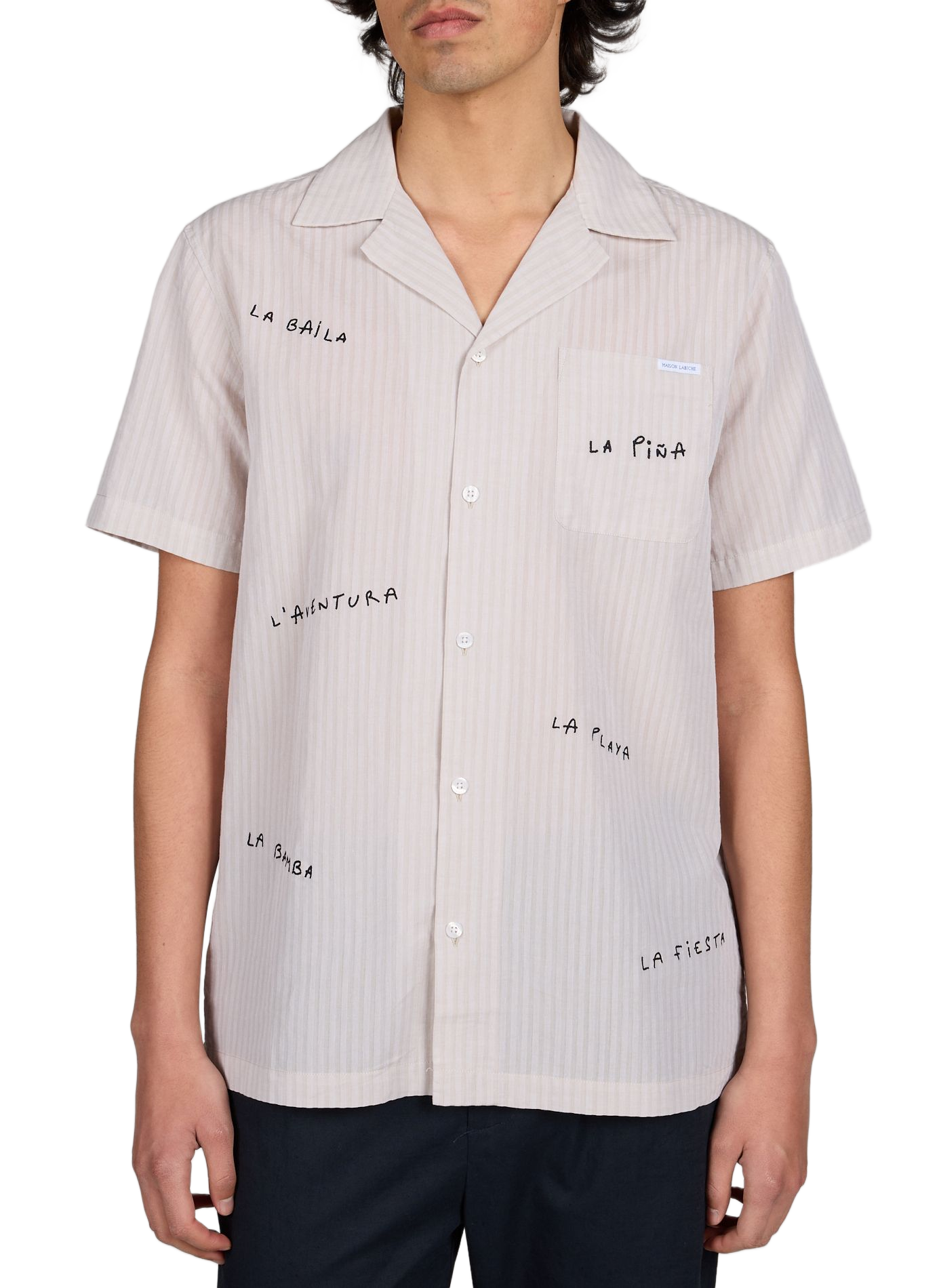 Straight Cuban collar shirt embroidered in cotton and linen MAISON LABICHE Beige