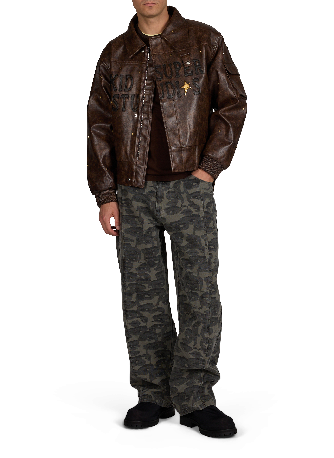 Bomber con parches de patchwork delantero y trasero. KIDSUPER Marrón
