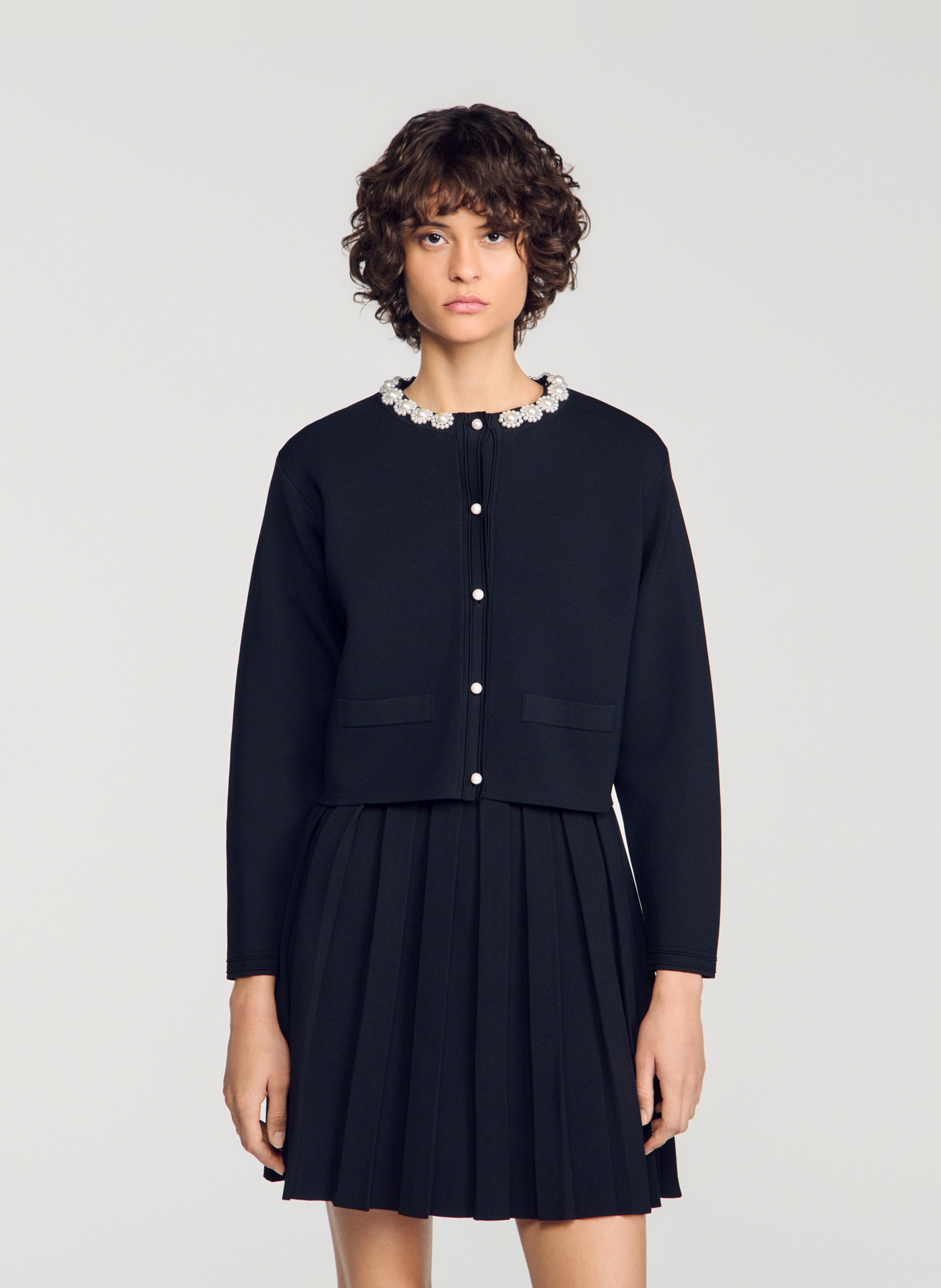 Gilet droit col rond perlé SANDRO Noir