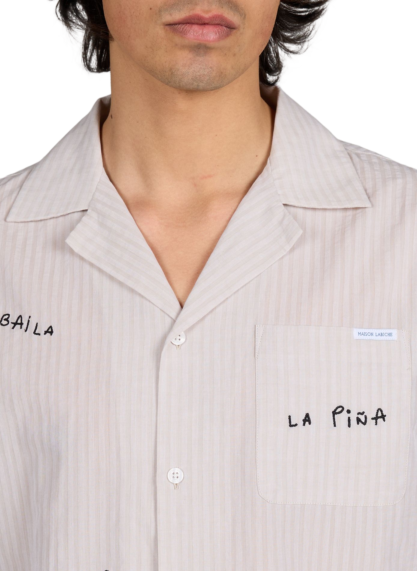 Straight Cuban collar shirt embroidered in cotton and linen MAISON LABICHE Beige