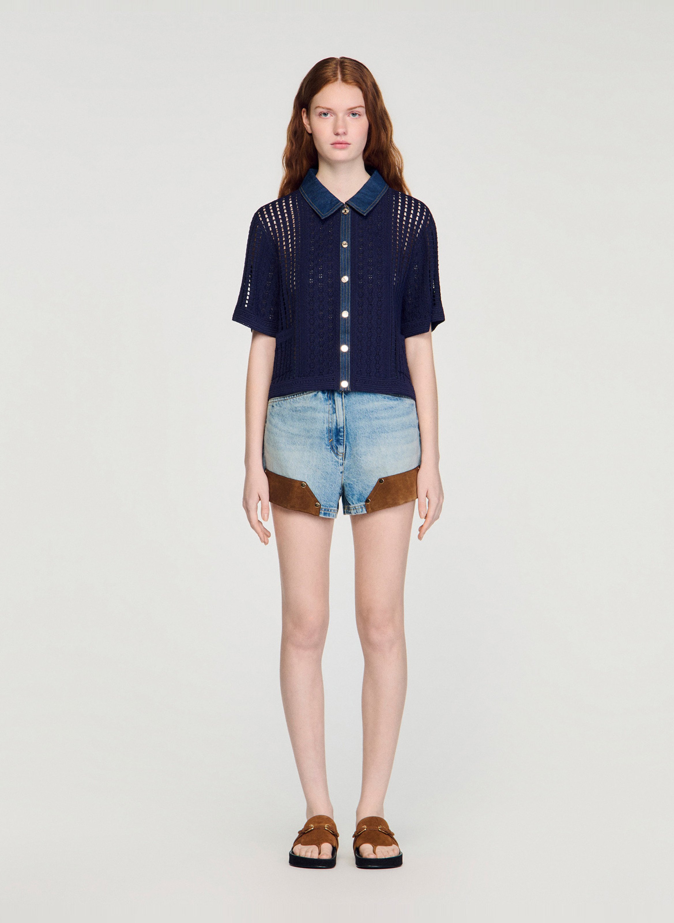 Cardigan droit en maille ajourée SANDRO Bleu