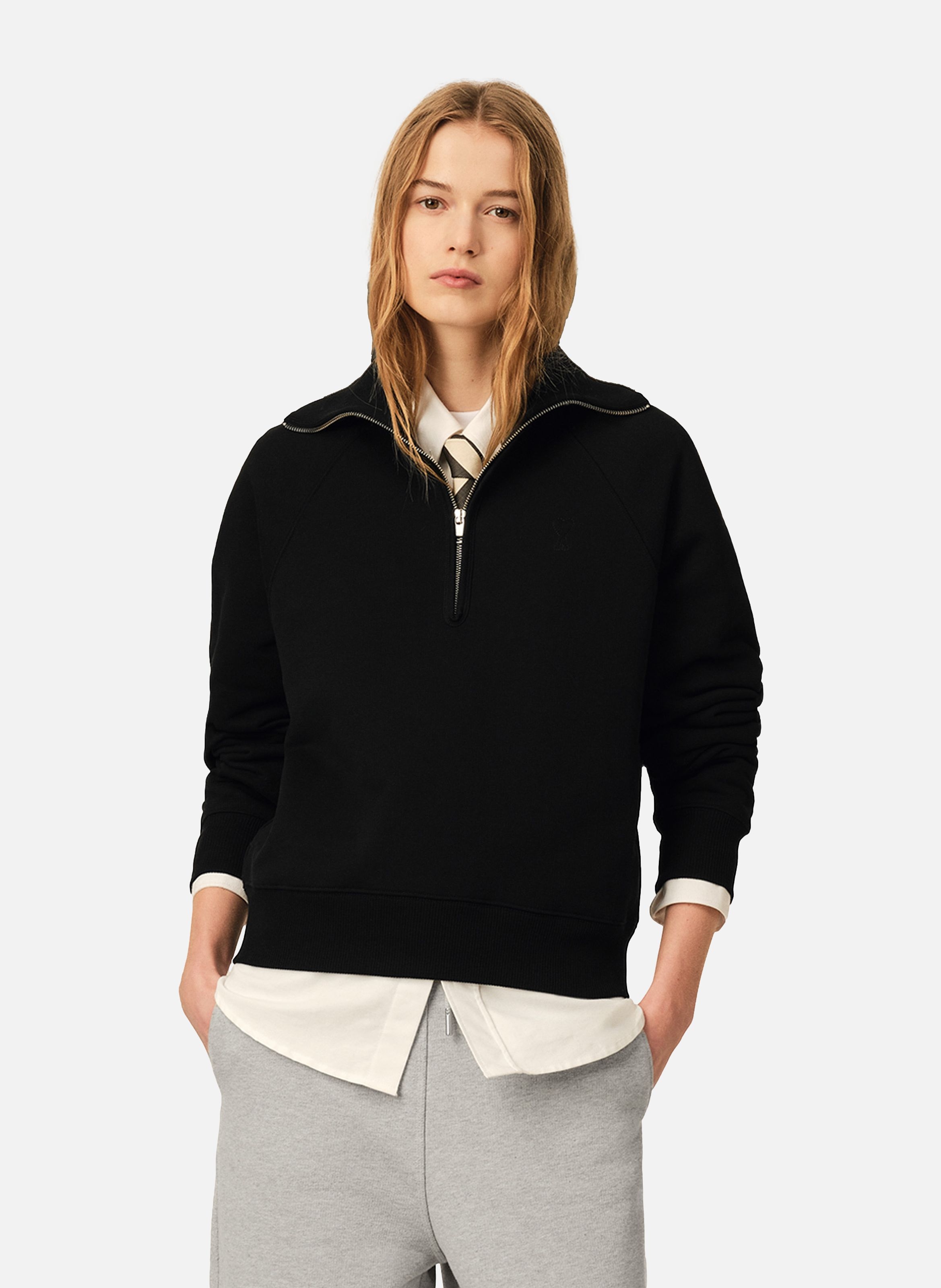 Sweatshirt zippé unisexe en coton ami de coeur embossé AMI PARIS Noir