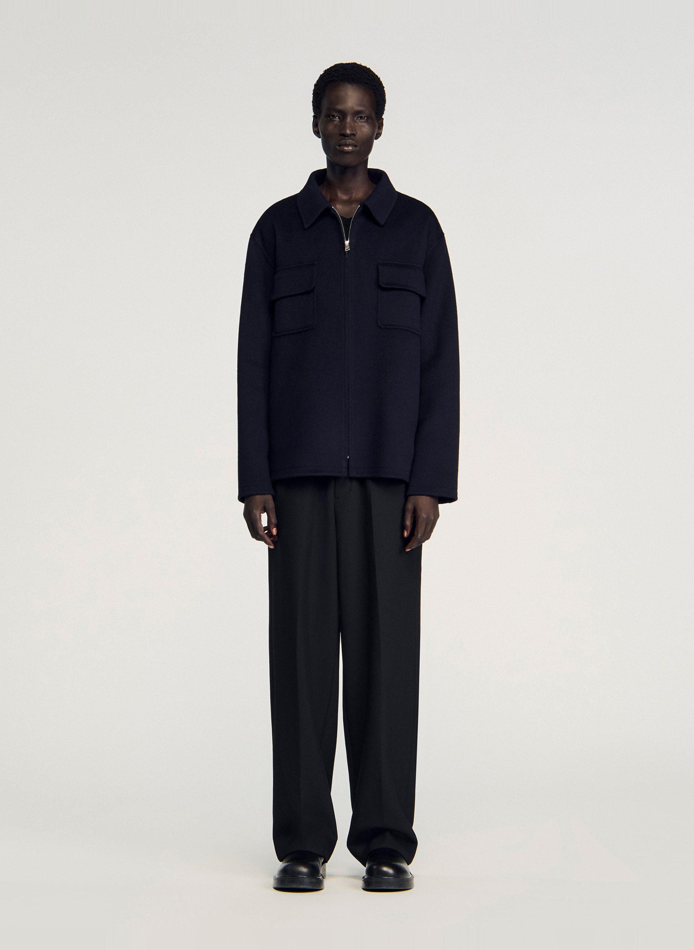 Surchemise dcol classique droite en laine mélangée SANDRO Bleu