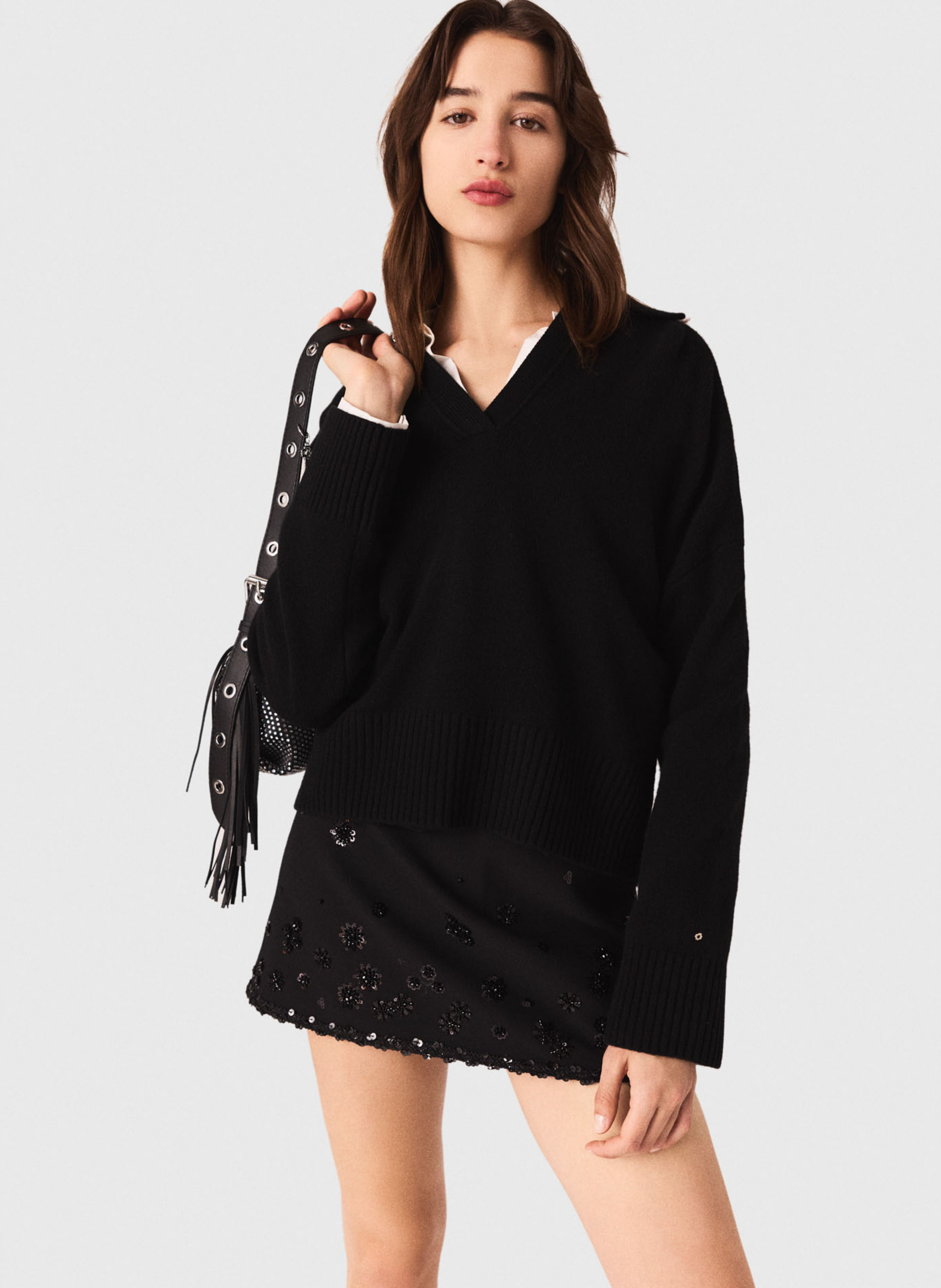 Pull col v en laine mélangée  Noir