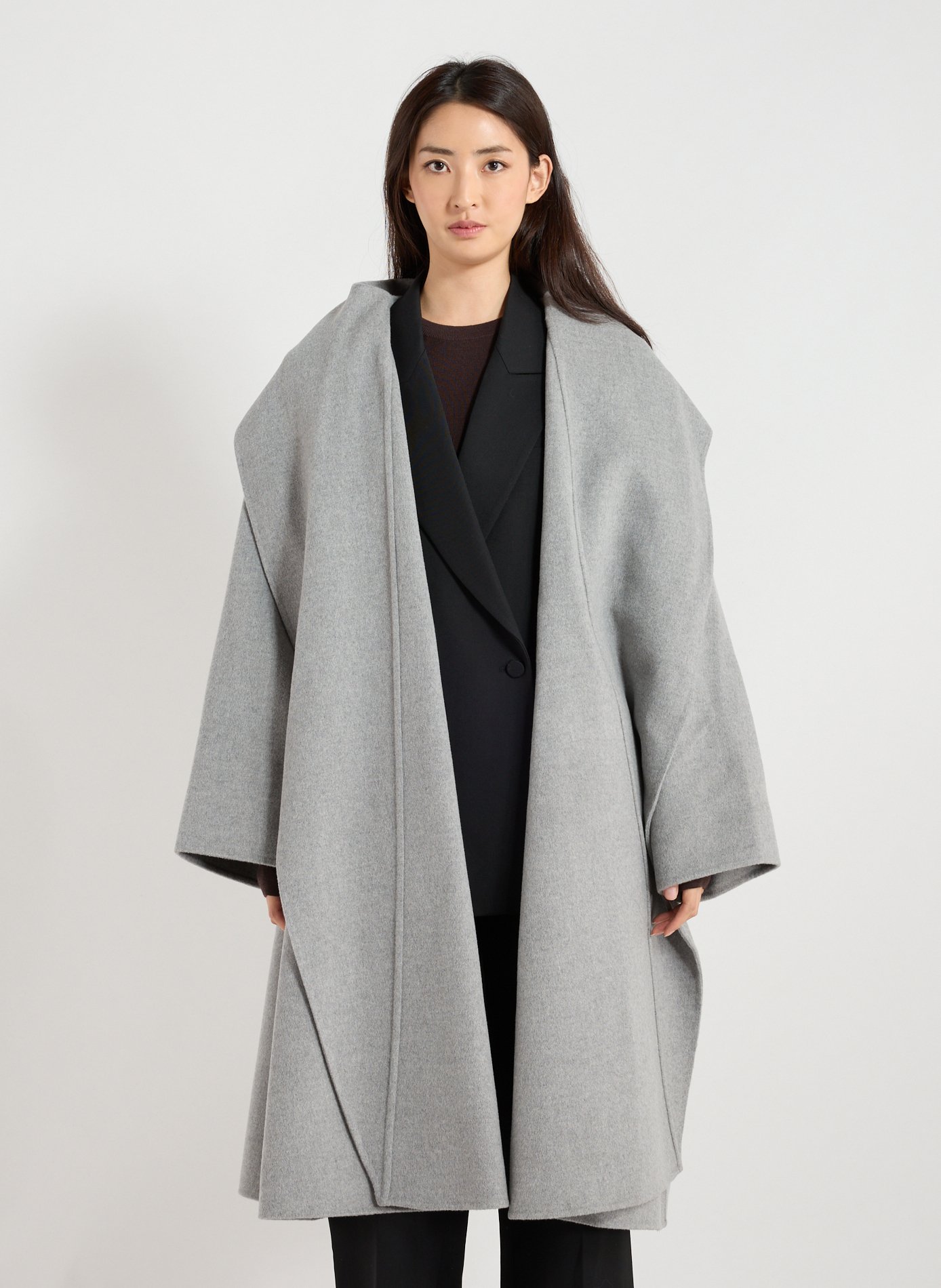 R2W Manteau évasé col châle en laine et cachemire Gris