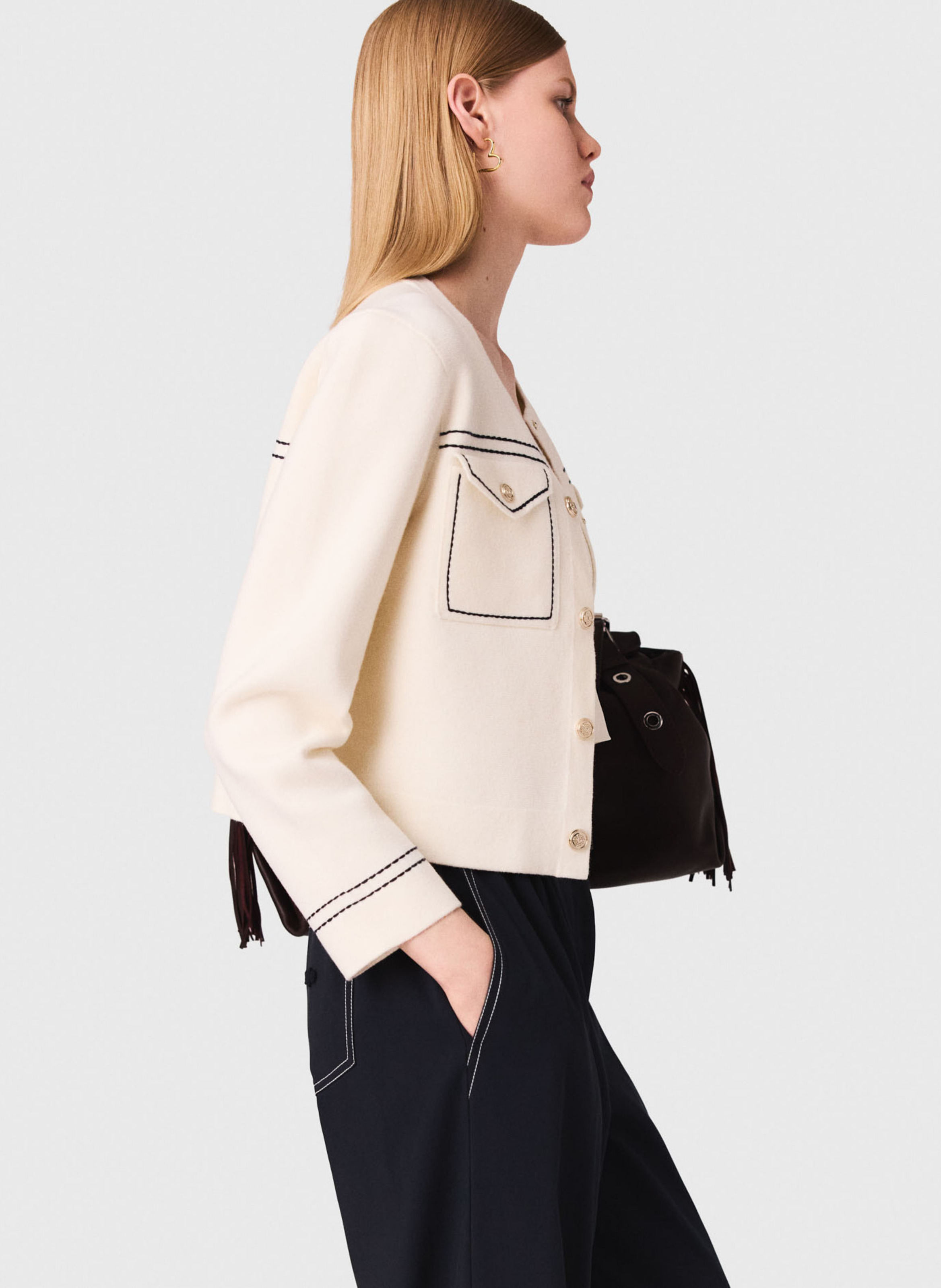 Gilet col rond en coton mélangé Beige