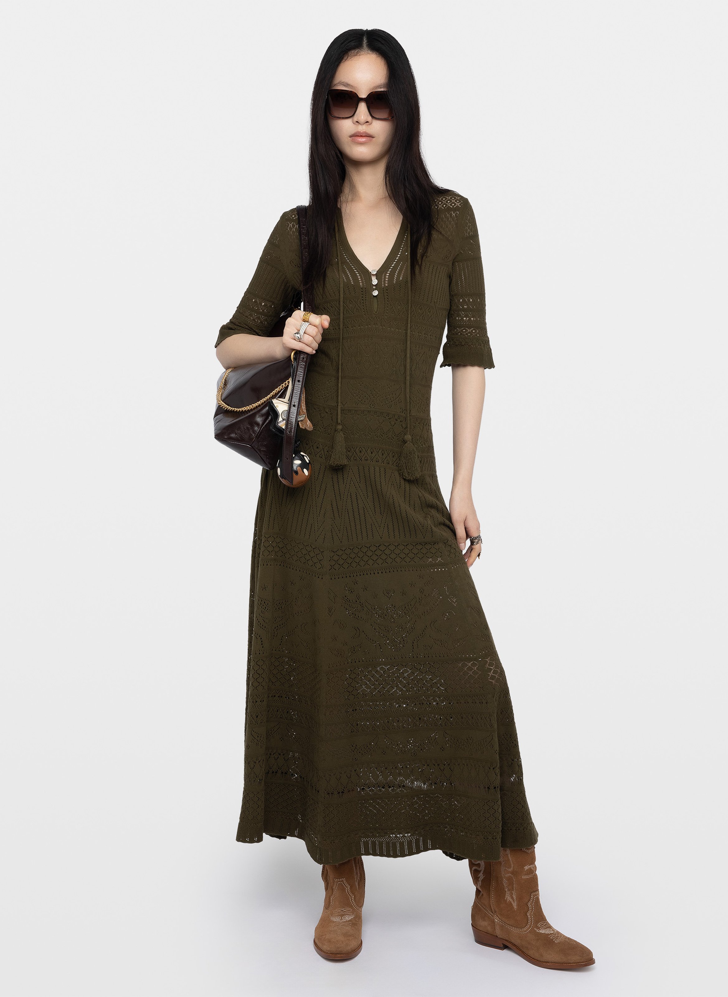 Robe longue évasée col v en coton memphis ZADIG&VOLTAIRE Vert