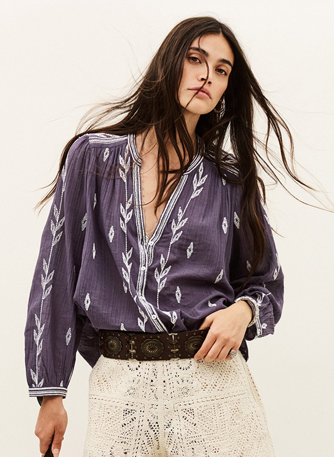 Embroidered Tunisian collar blouse in cotton fedora BA&SH Purple
