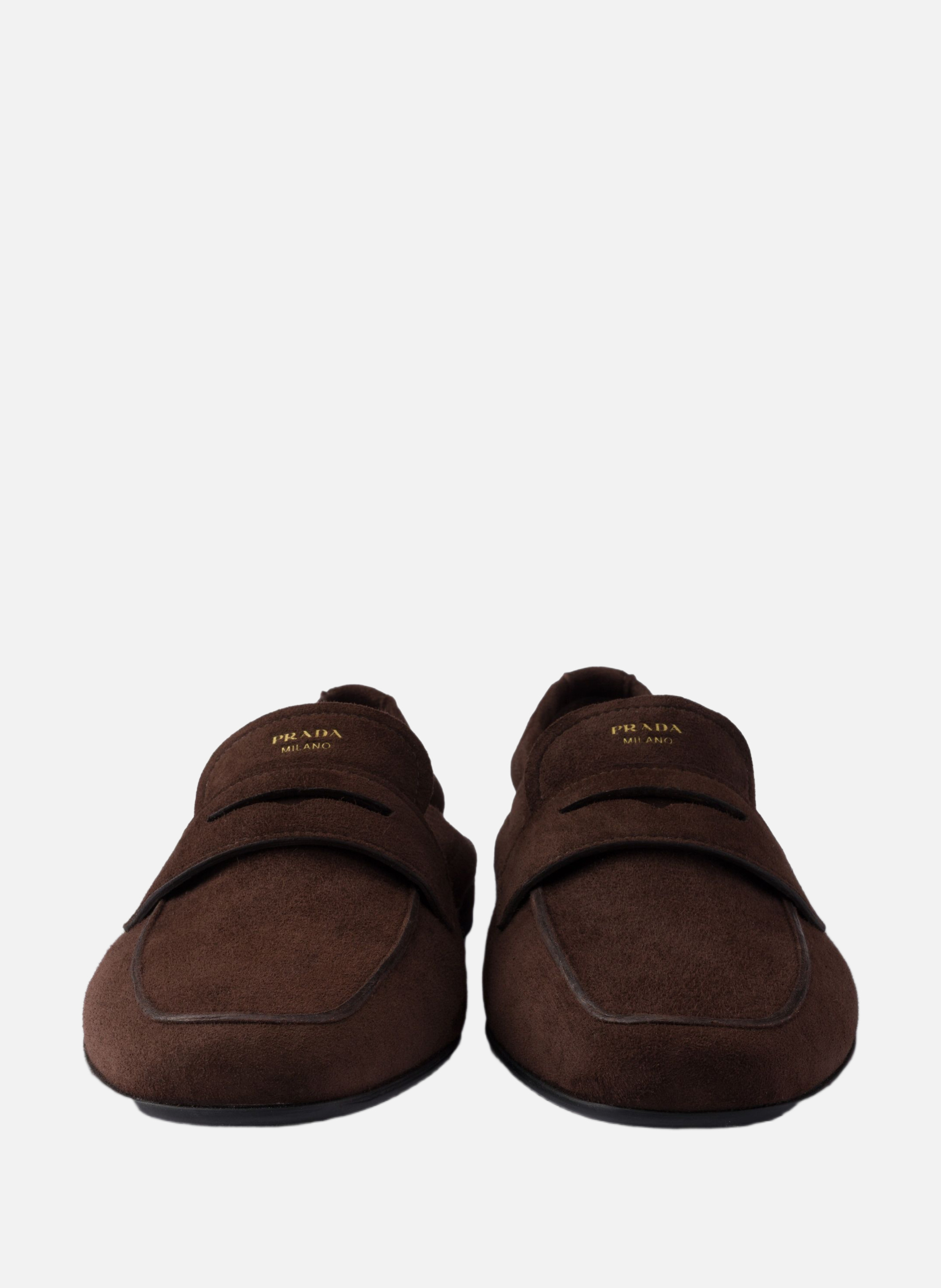 Mocassins shuffle en veau velours effet vieilli PRADA Marron
