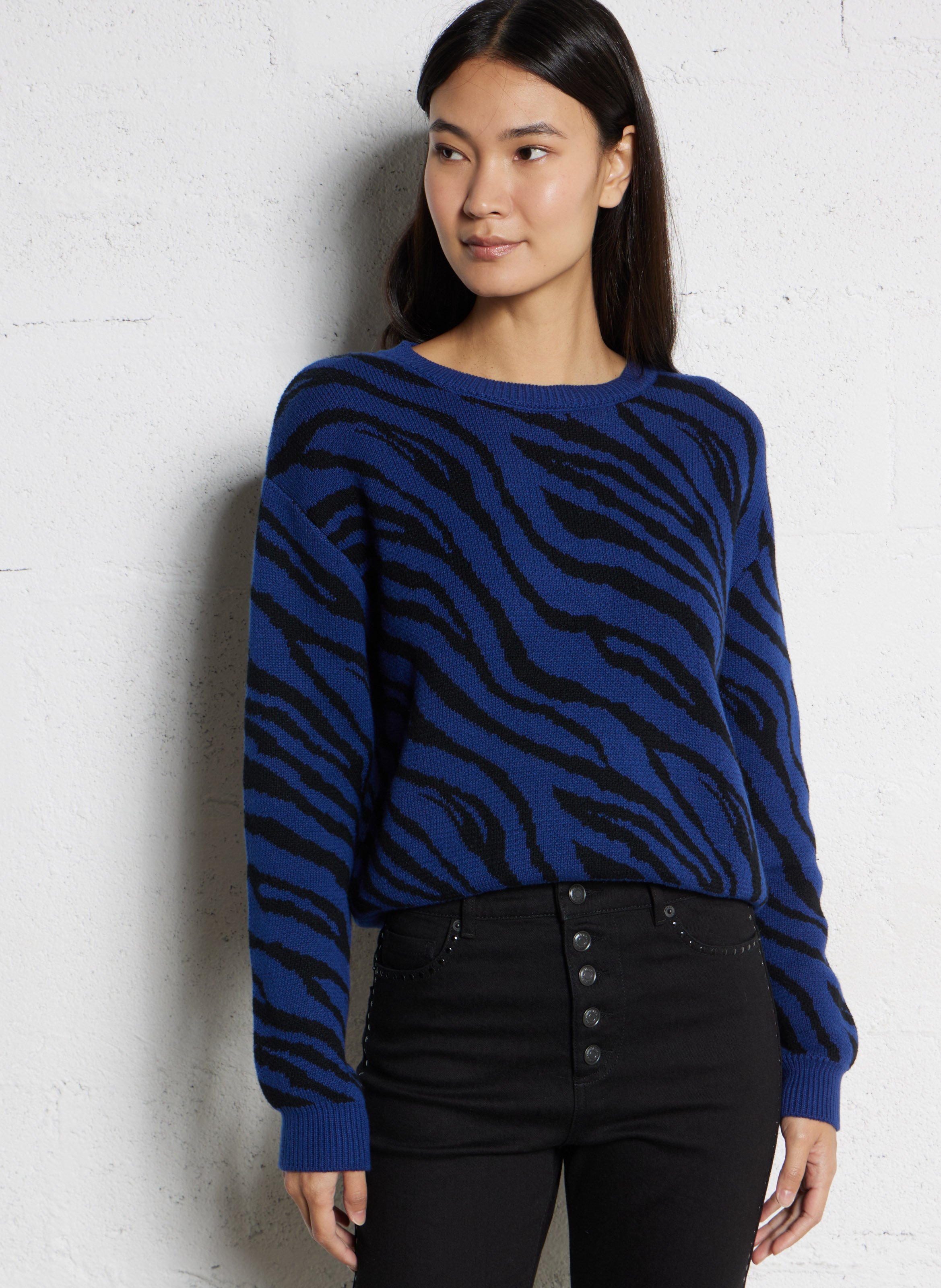 Pull ample col rond motif zèbre en coton mélangé IKKS Bleu