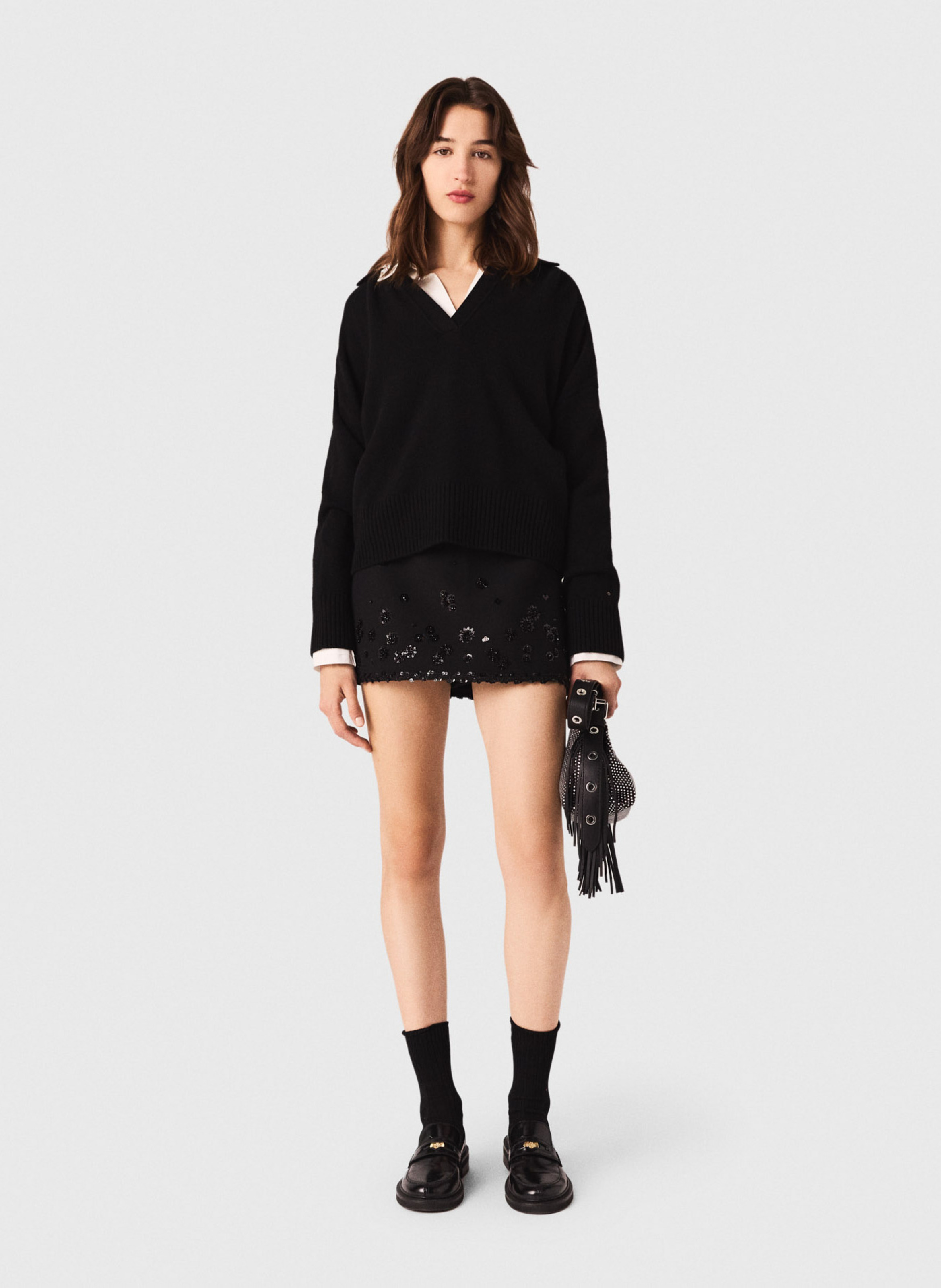 Pull col v en laine mélangée Noir