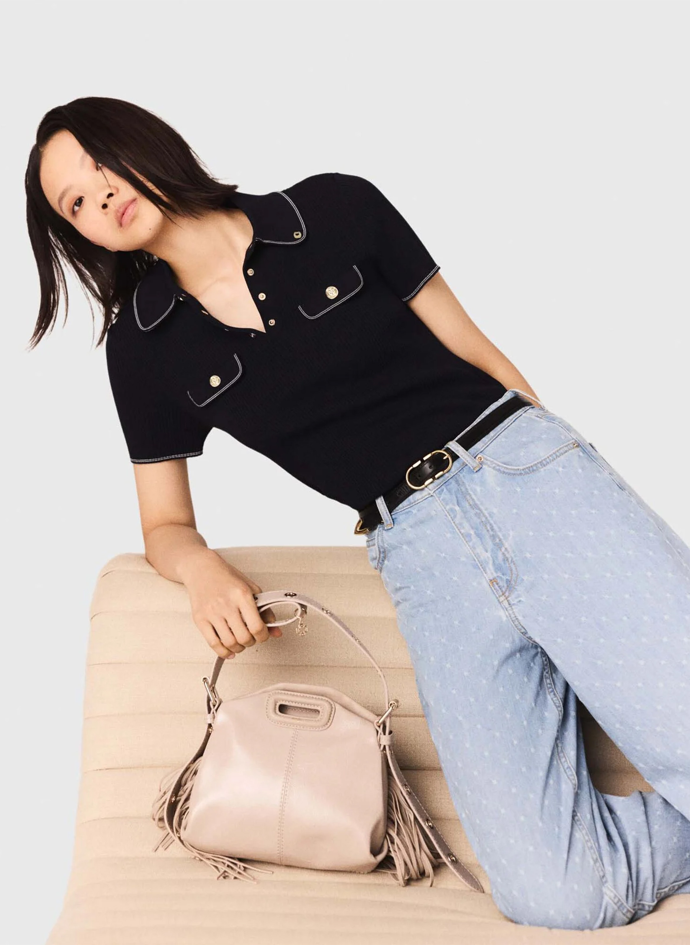 Pull ajusté col polo MAJE Bleu