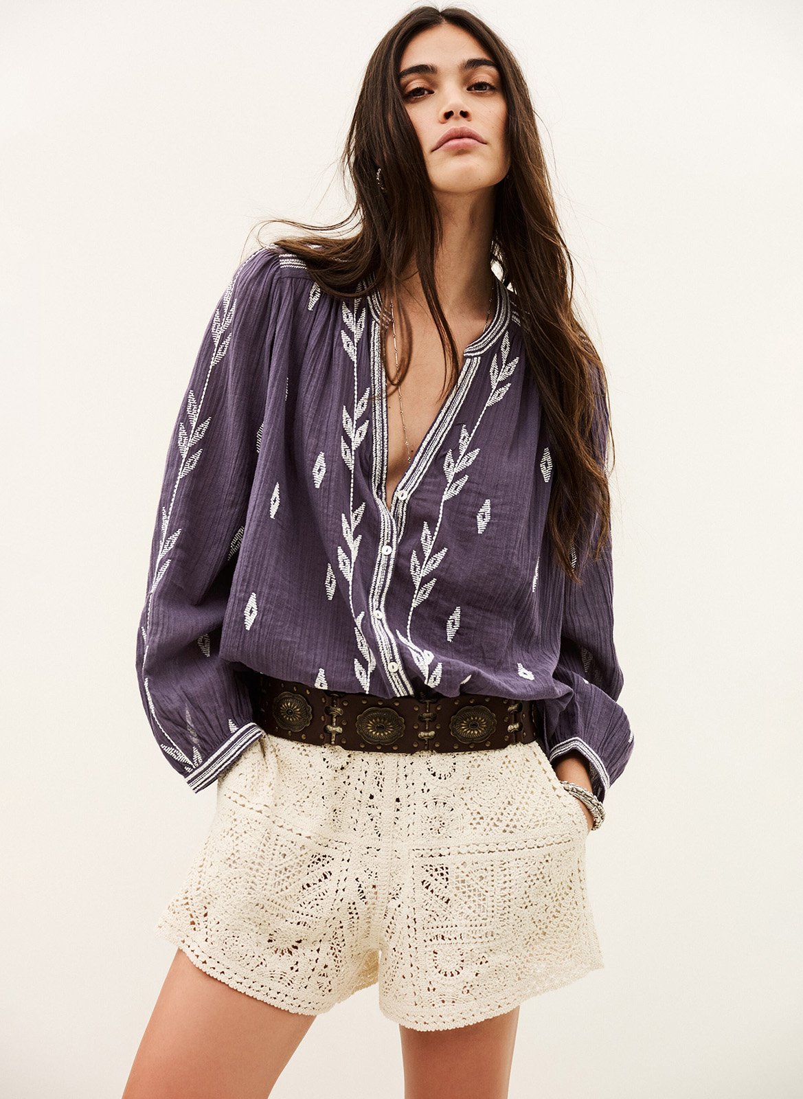 Embroidered Tunisian collar blouse in cotton fedora BA&SH Purple