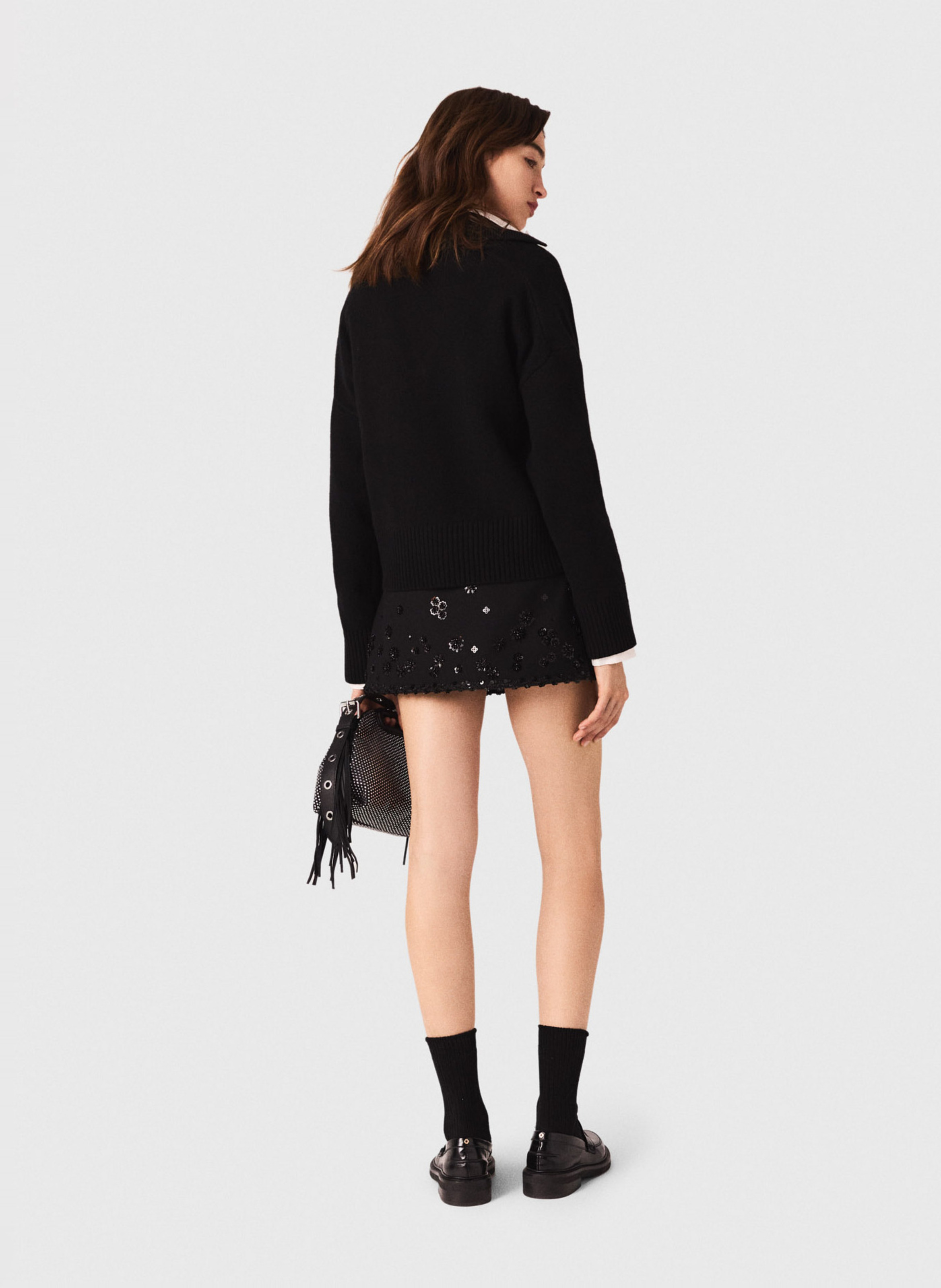 Pull col v en laine mélangée Noir