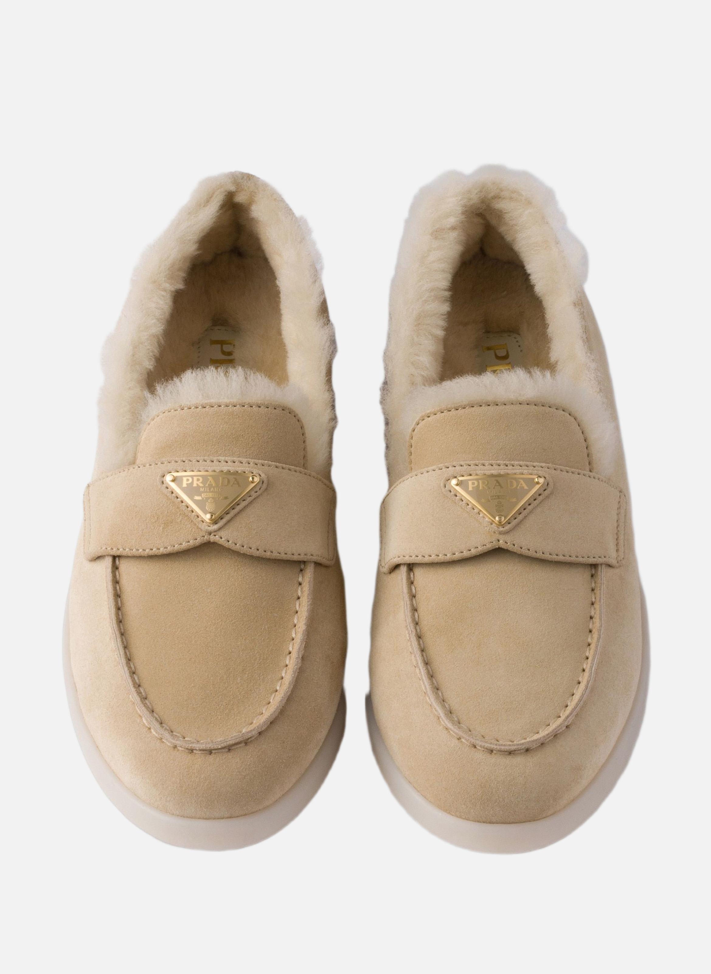 Mocassins en veau velours et shearling PRADA Beige
