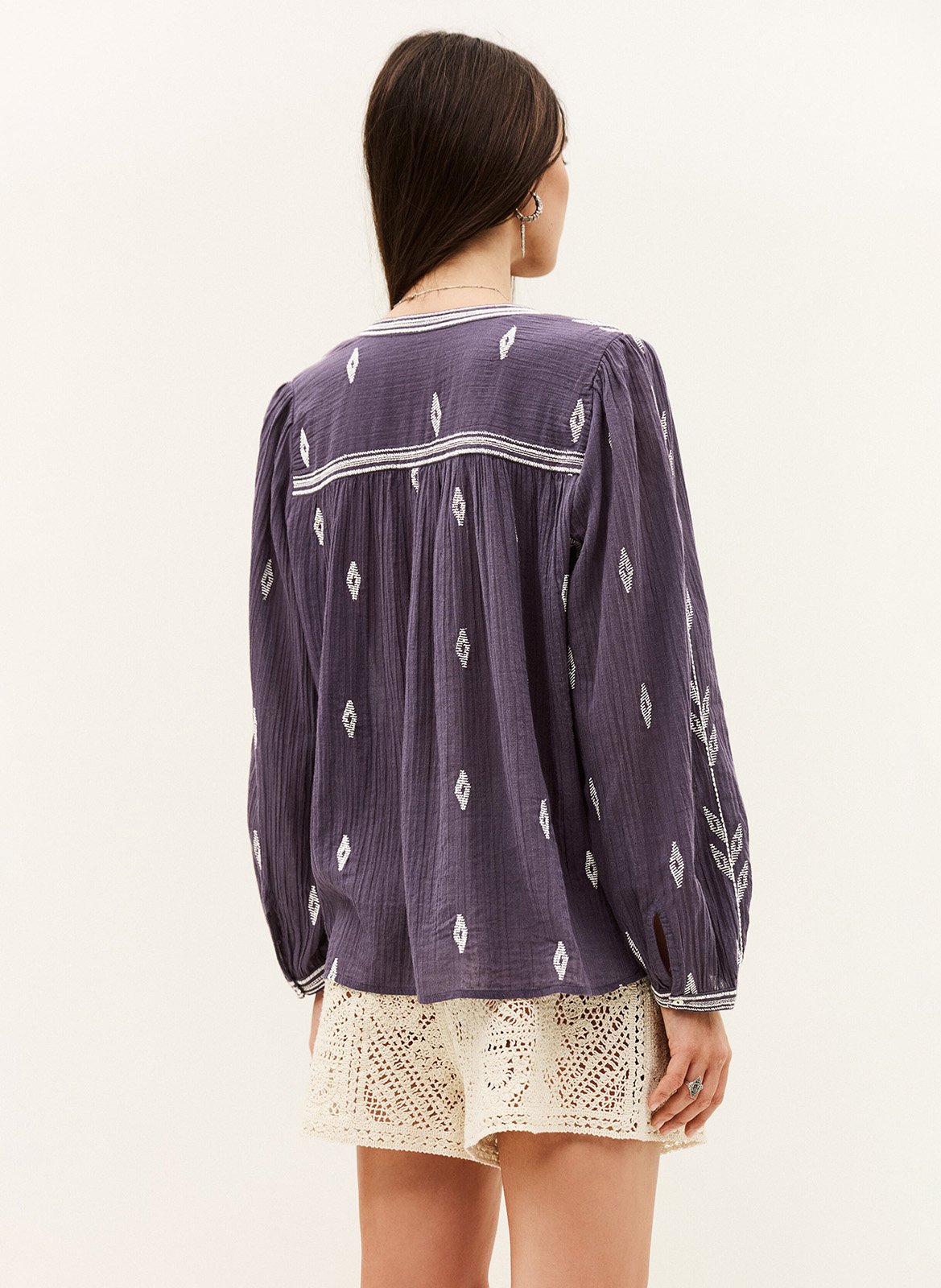 Embroidered Tunisian collar blouse in cotton fedora BA&SH Purple