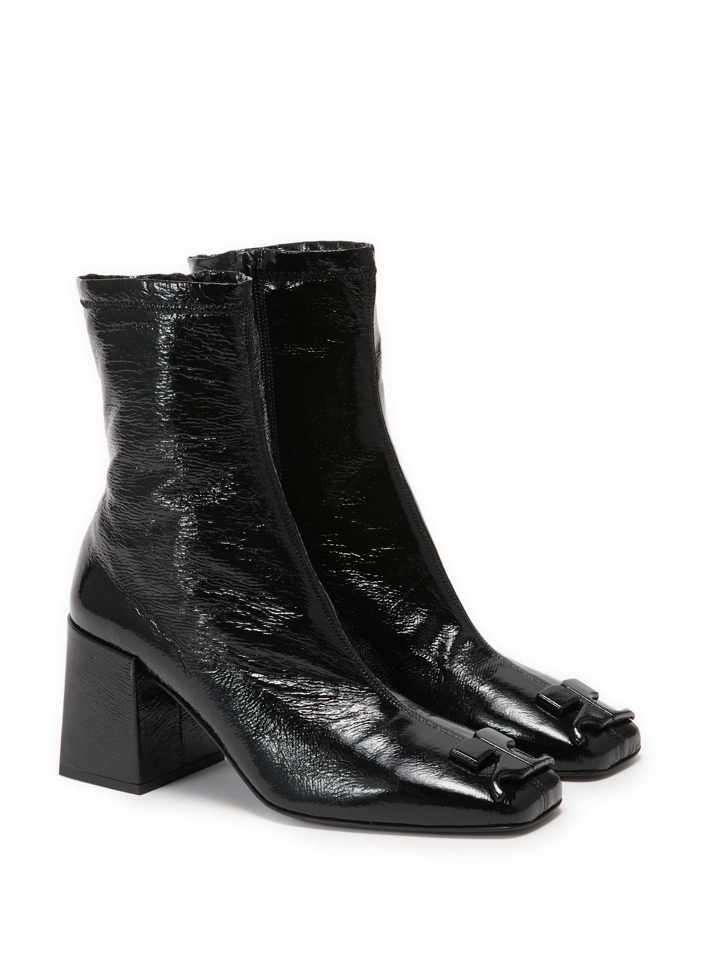 Patent leather zipped ankle boots in mixed cotton and leather COURRÈGES Black