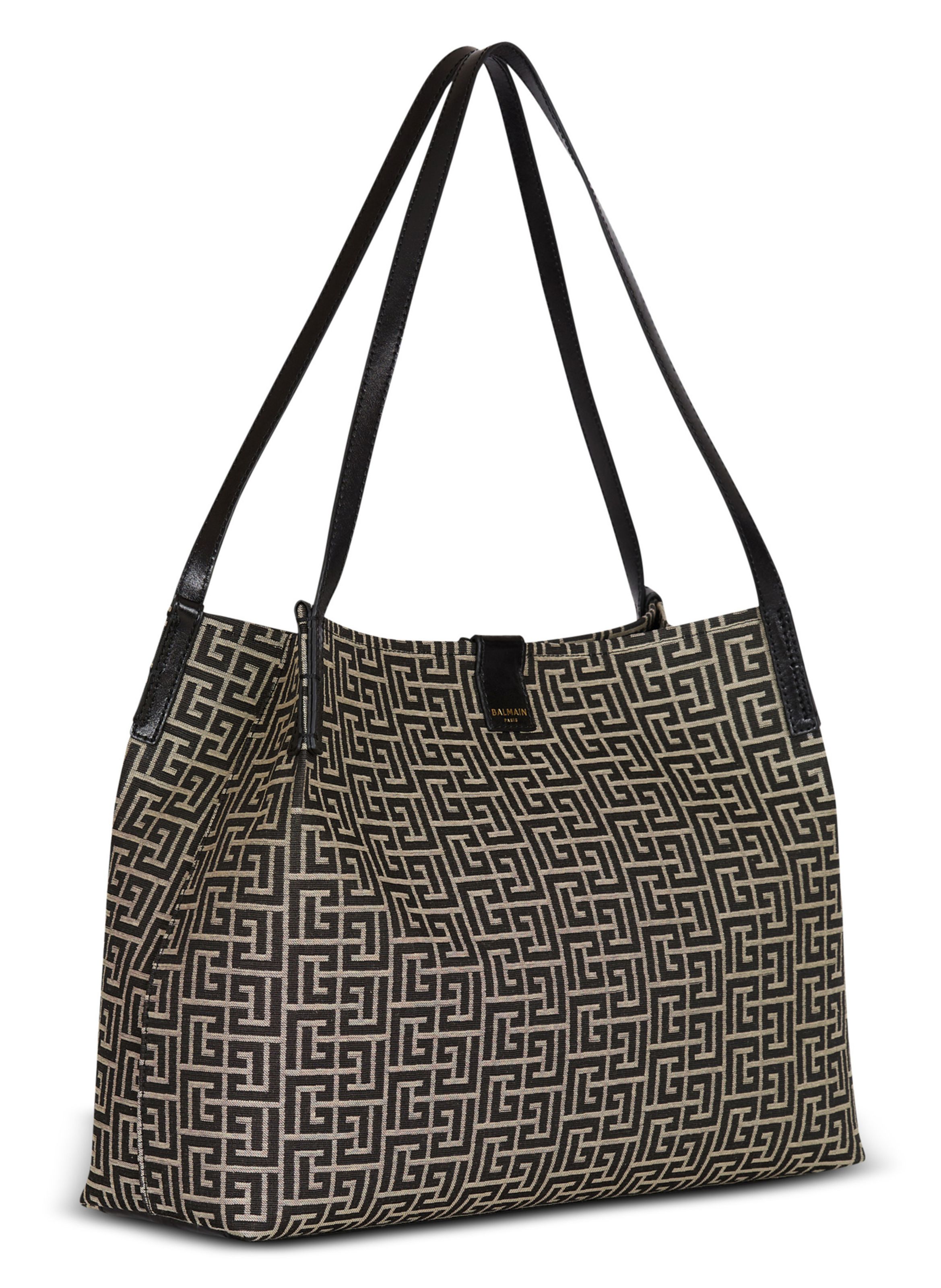 Sac shopper release medium en jacquard monogramme et cuir de veau BALMAIN Noir