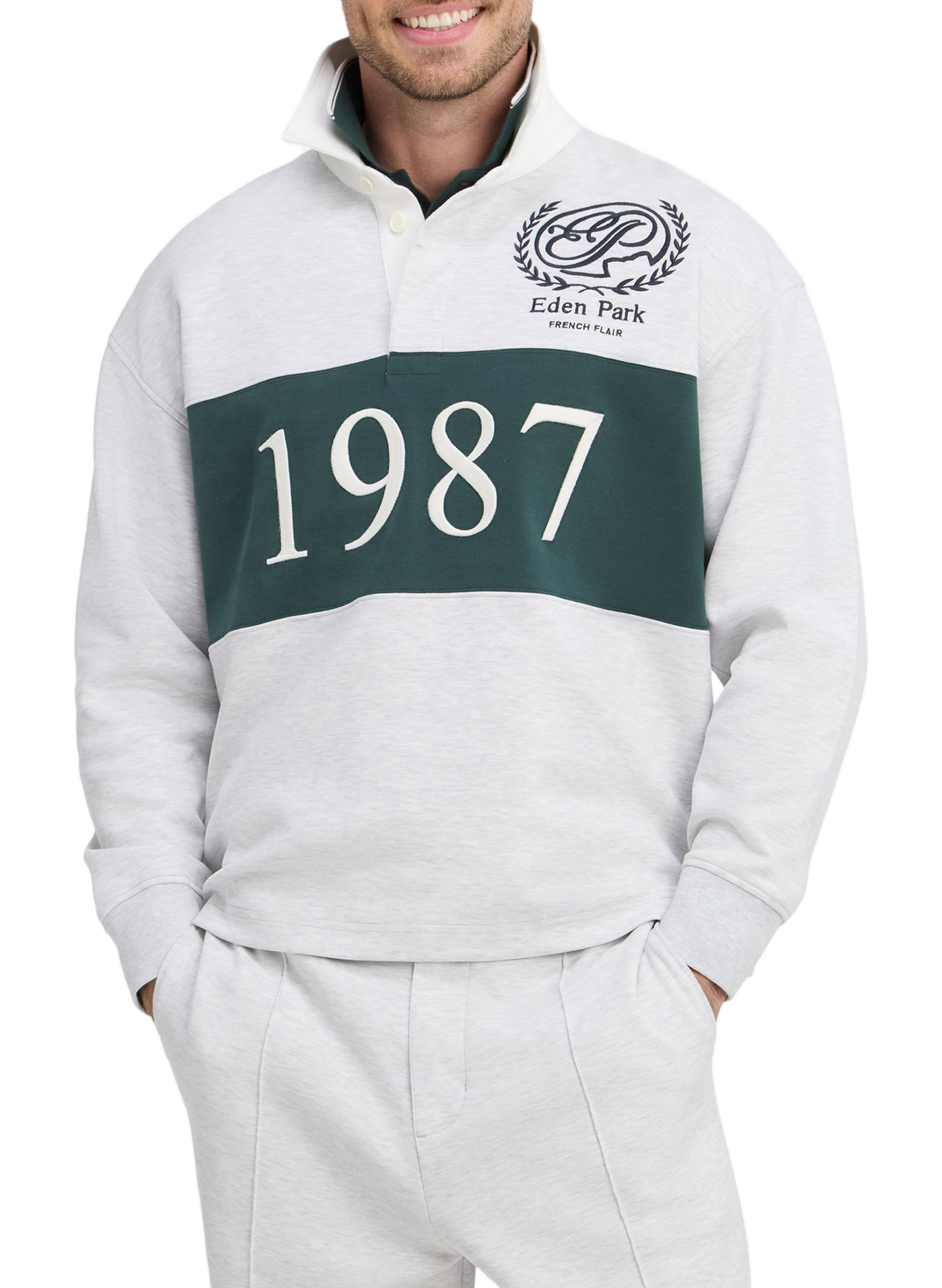 Sweat col polo en coton mélangé EDEN PARK Grey