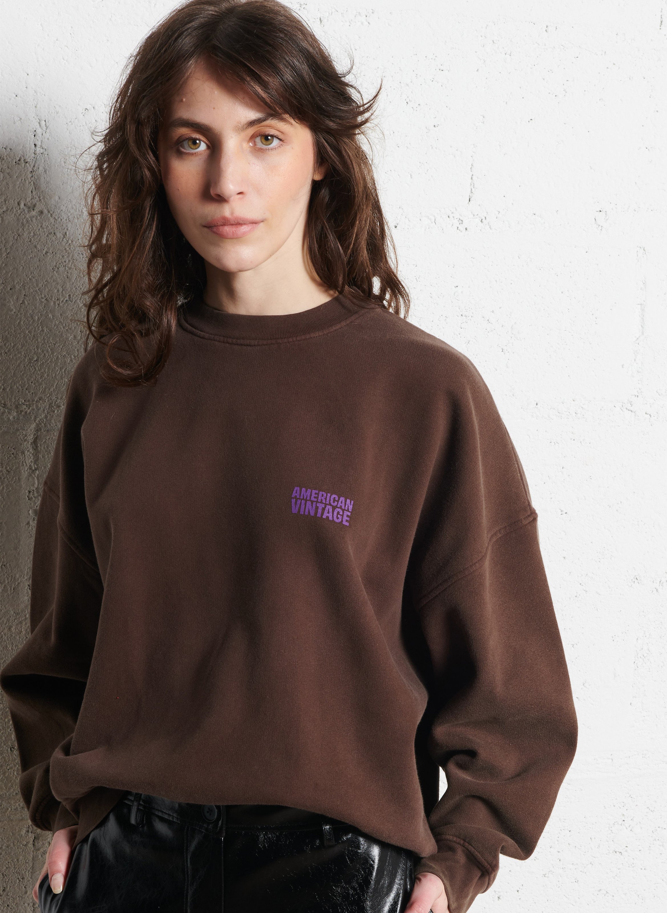 Sweat ample col rond sérigraphié en coton plizzy AMERICAN VINTAGE Marron
