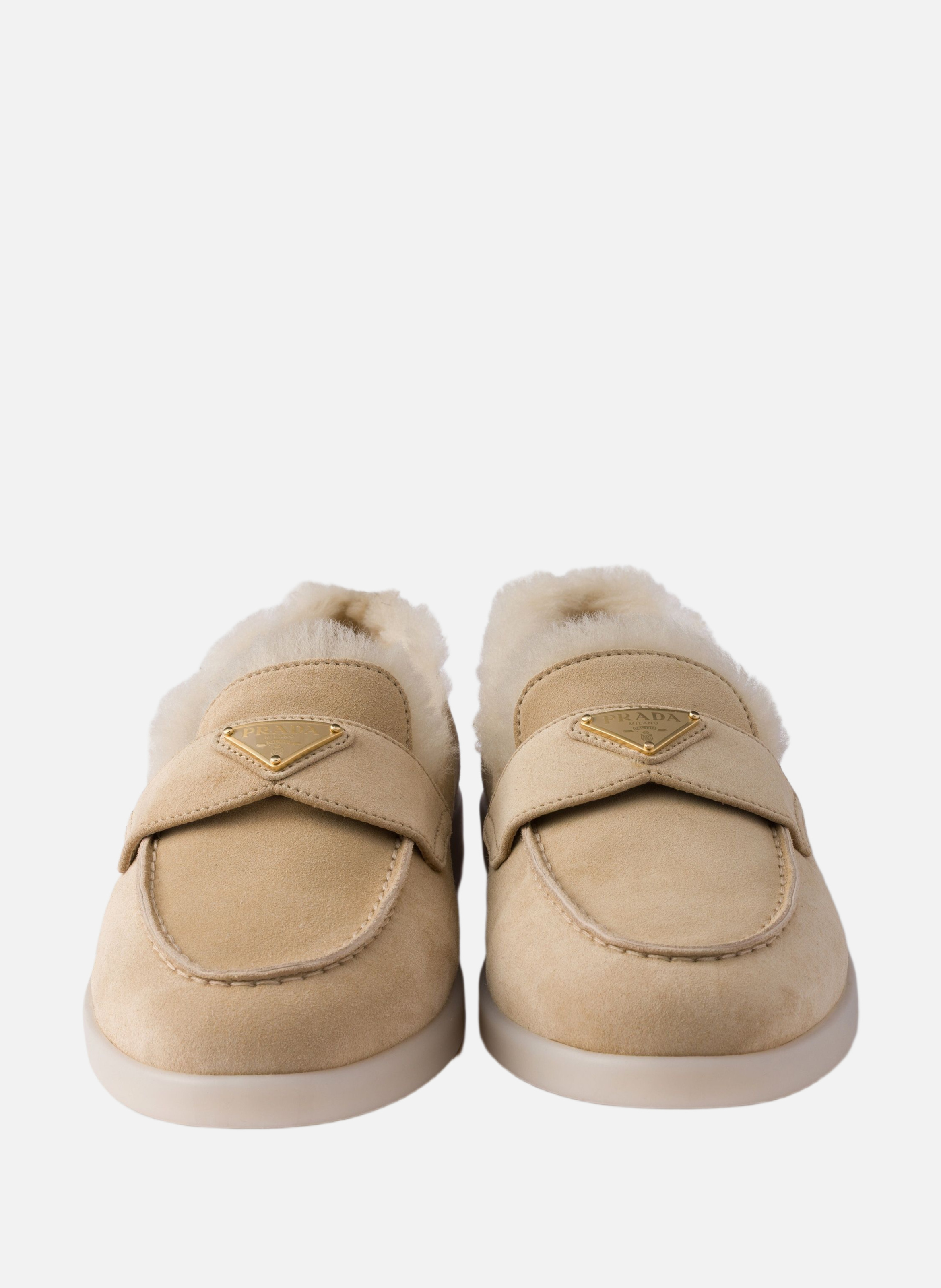 Mocassins en veau velours et shearling PRADA Beige