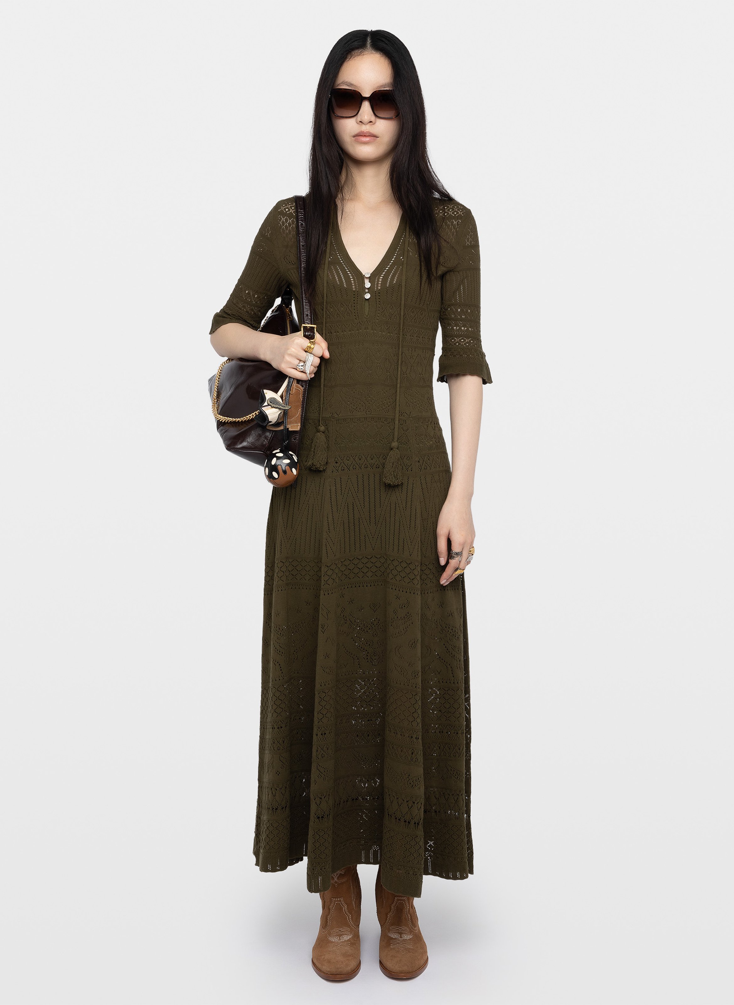 Robe longue évasée col v en coton memphis ZADIG&VOLTAIRE Vert