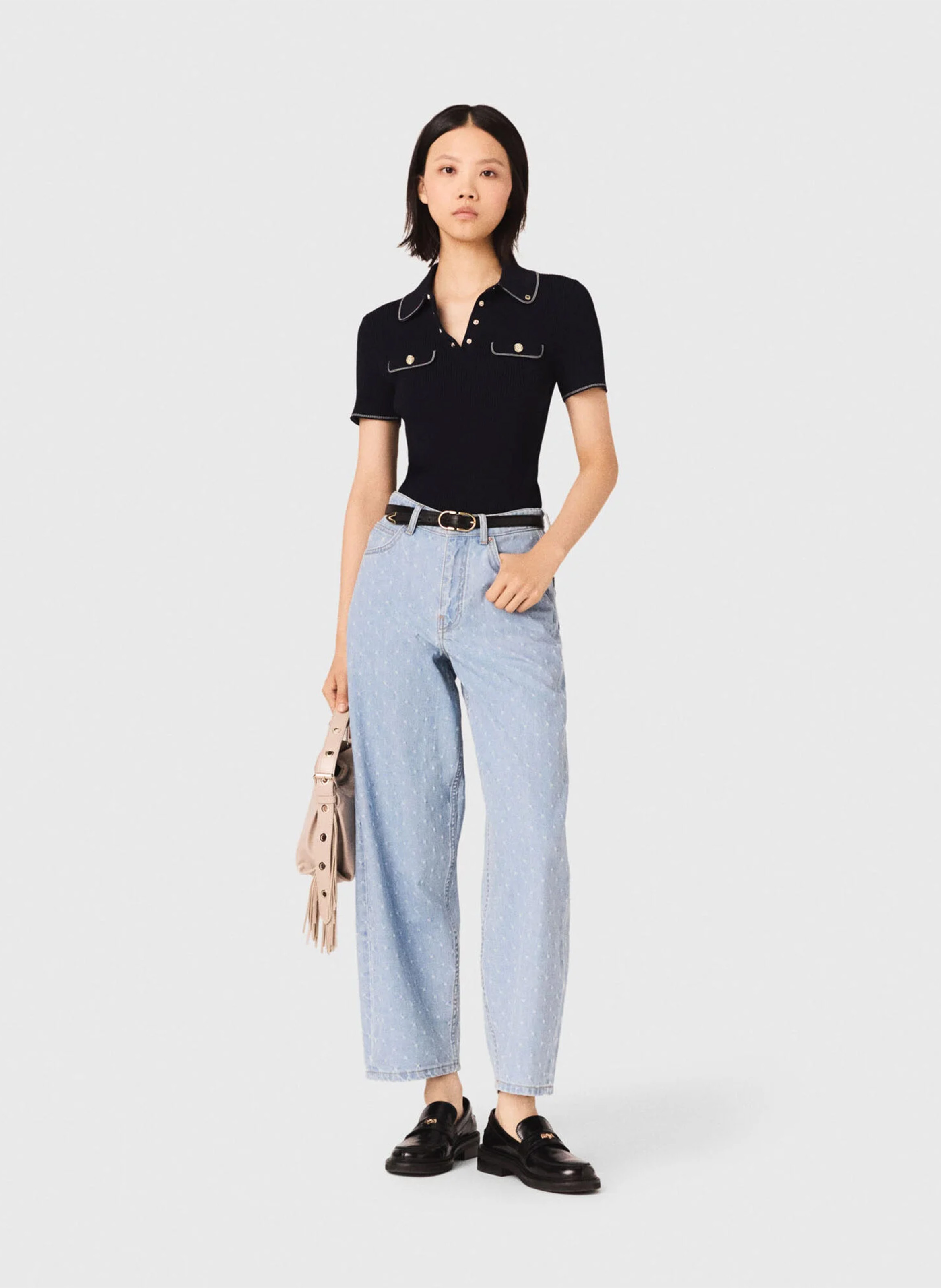 Pull ajusté col polo MAJE Bleu