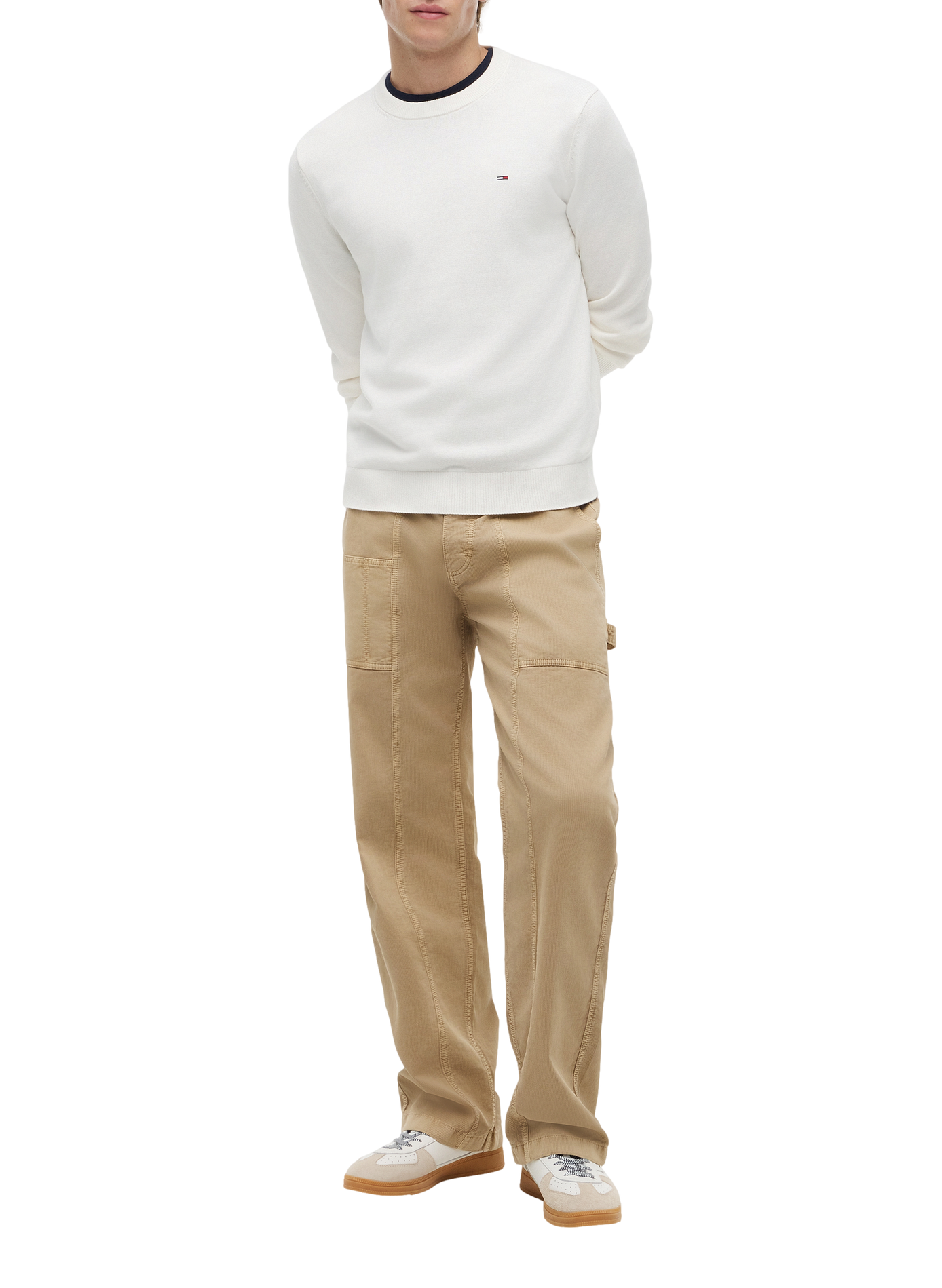 Pull à col rond à logo brodé en coton TOMMY HILFIGER Beige