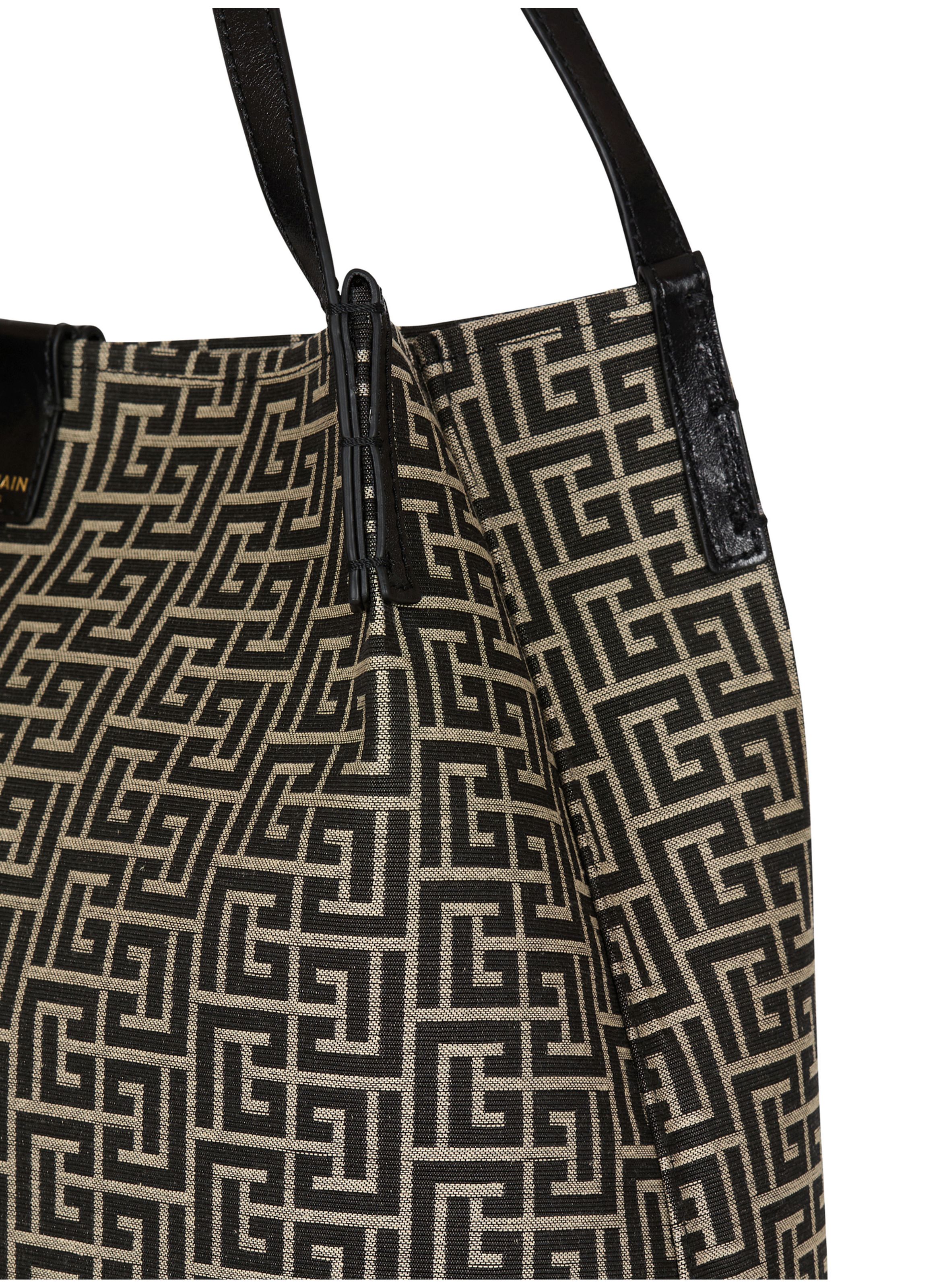 Sac shopper release medium en jacquard monogramme et cuir de veau BALMAIN Noir
