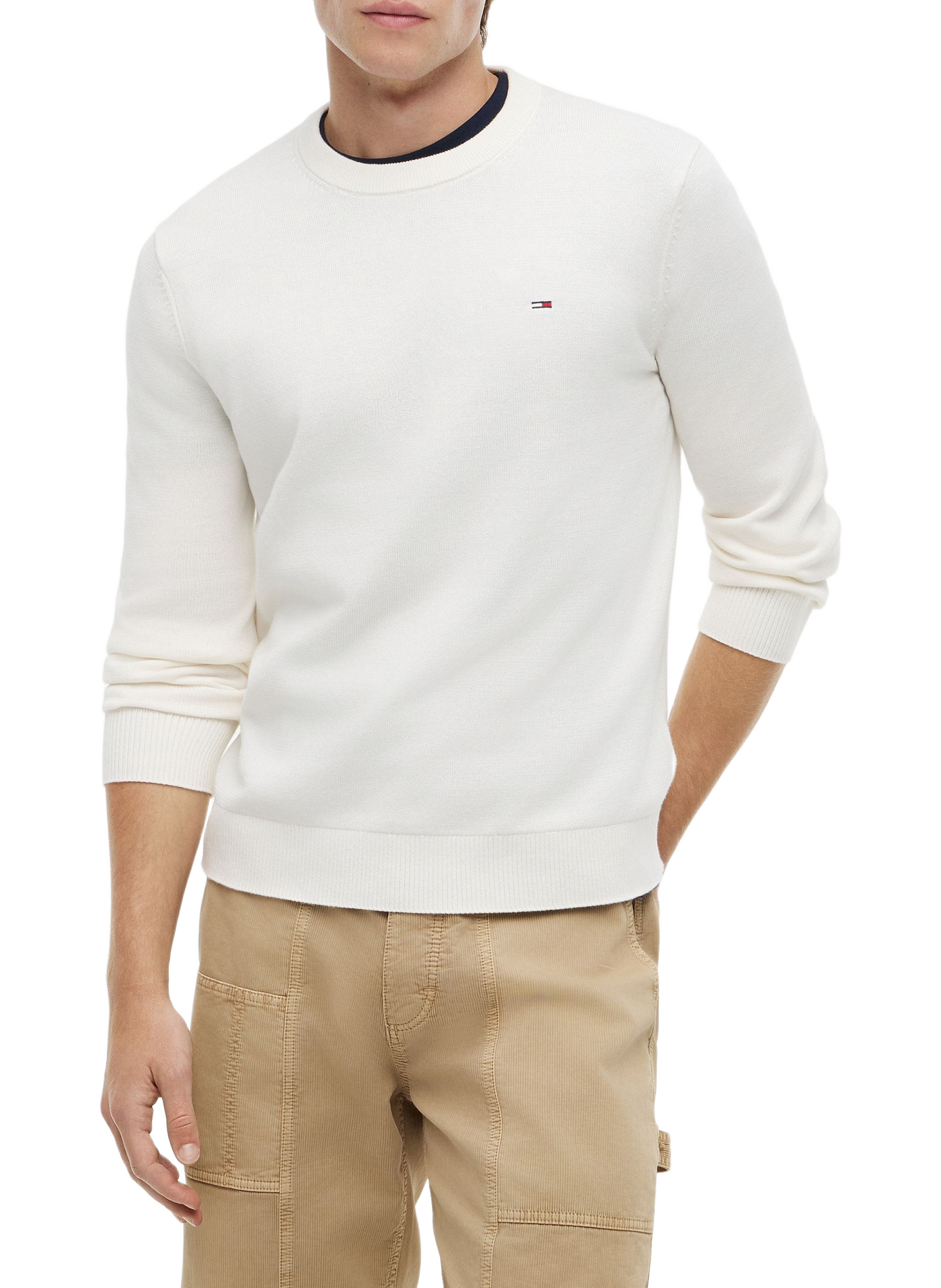 Pull à col rond à logo brodé en coton TOMMY HILFIGER Beige