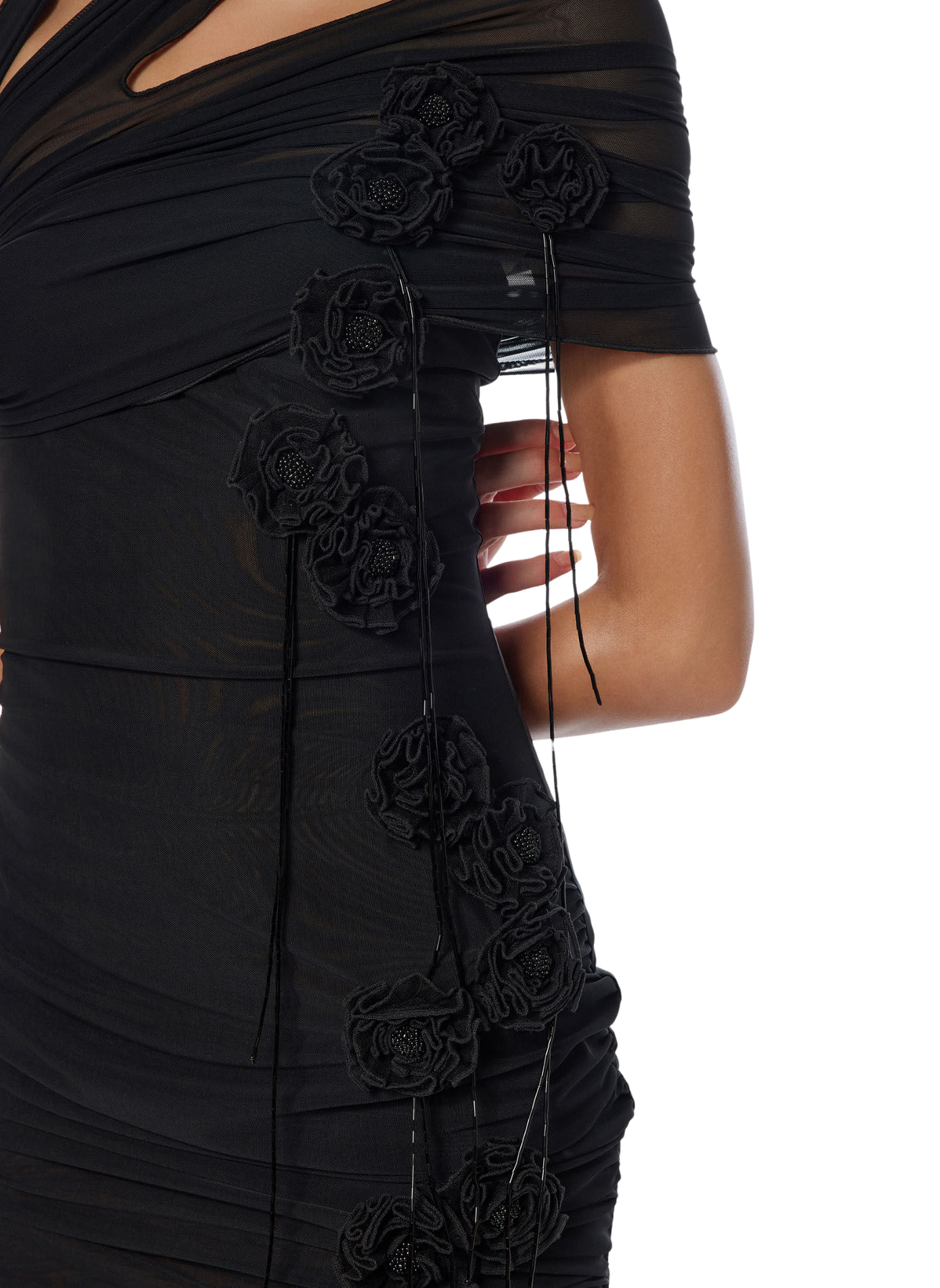 Asymmetric Swan dress with floral details FANCI CLUB Black