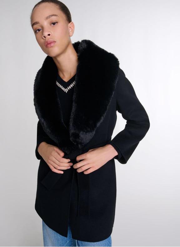 Manteau col effet fourrure en laine mélangée Noir by MAJE MAJE Manteau col effet fourrure en laine mélangée Noir